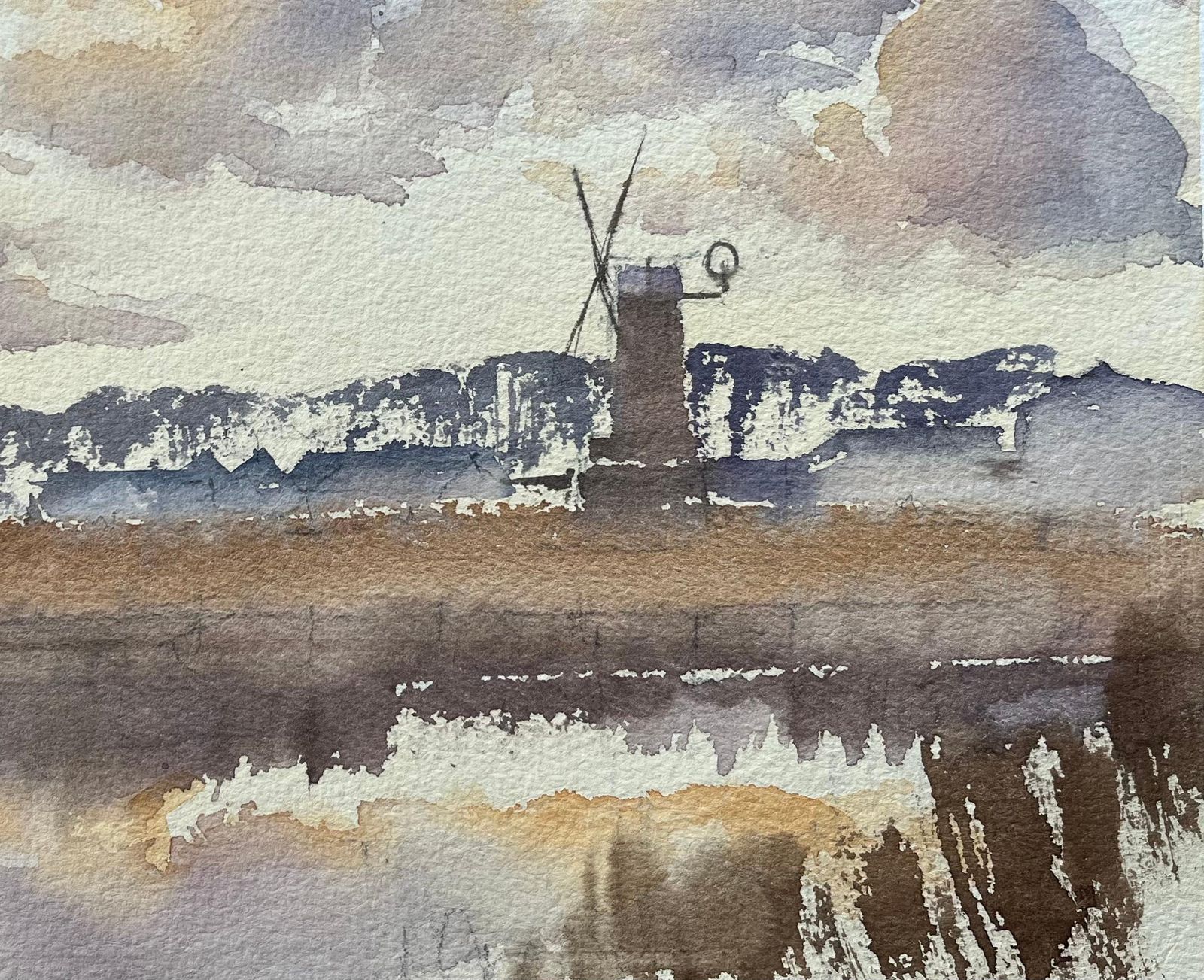 Anthony Avery British Impressionist Watercolor Of Countryside Windmill And Reflected Skies photo Art
