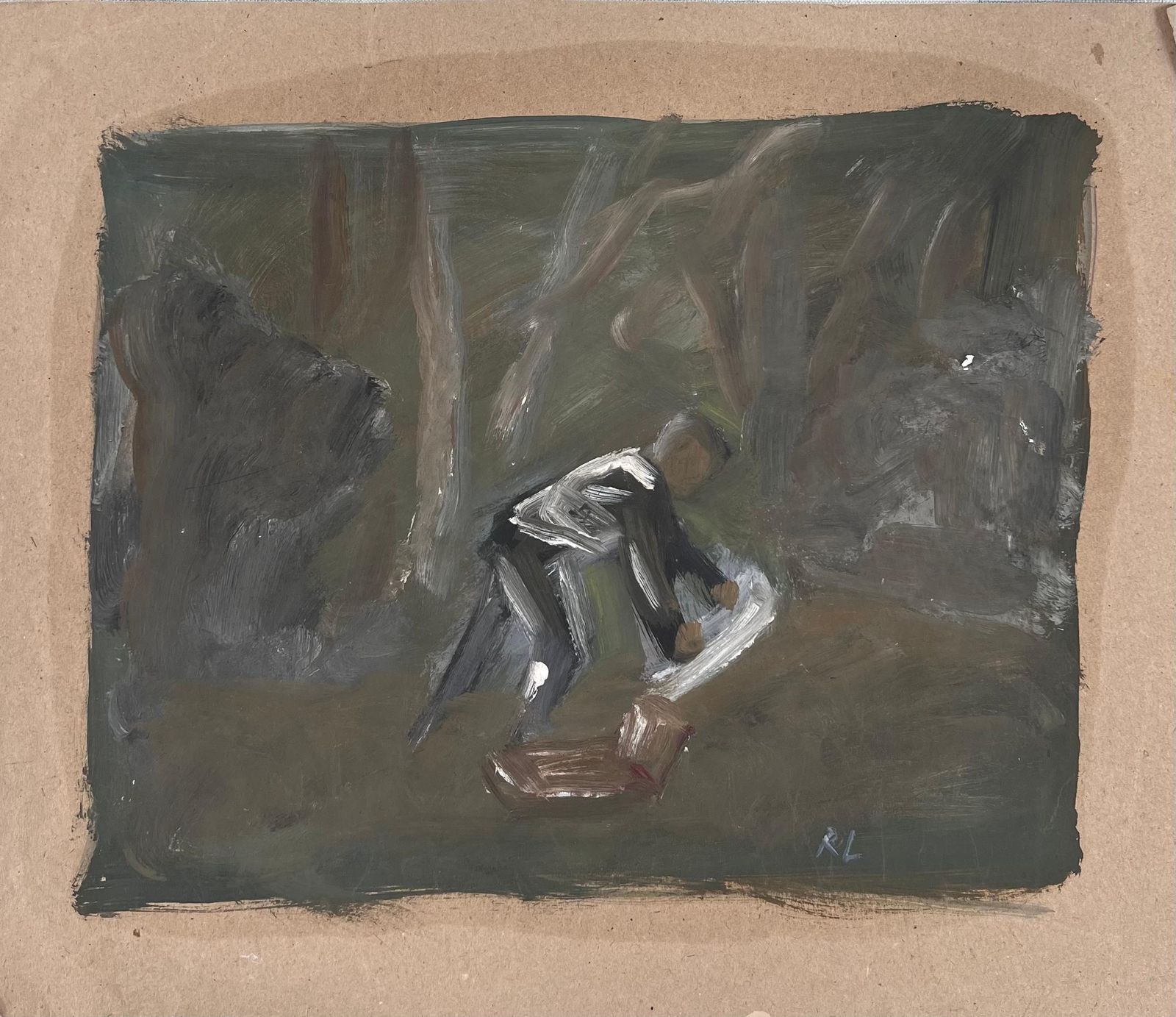 Robert Ladou Figure In The Woods Laying Down His Picnic Blanket Original French Artwork 20th Century photo furniture