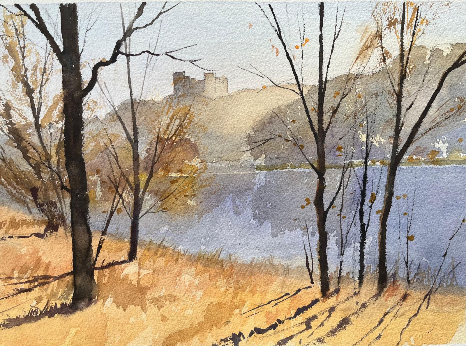 Anthony Avery British Impressionist Watercolor Of Autumn Landscape With Castle Silhouette