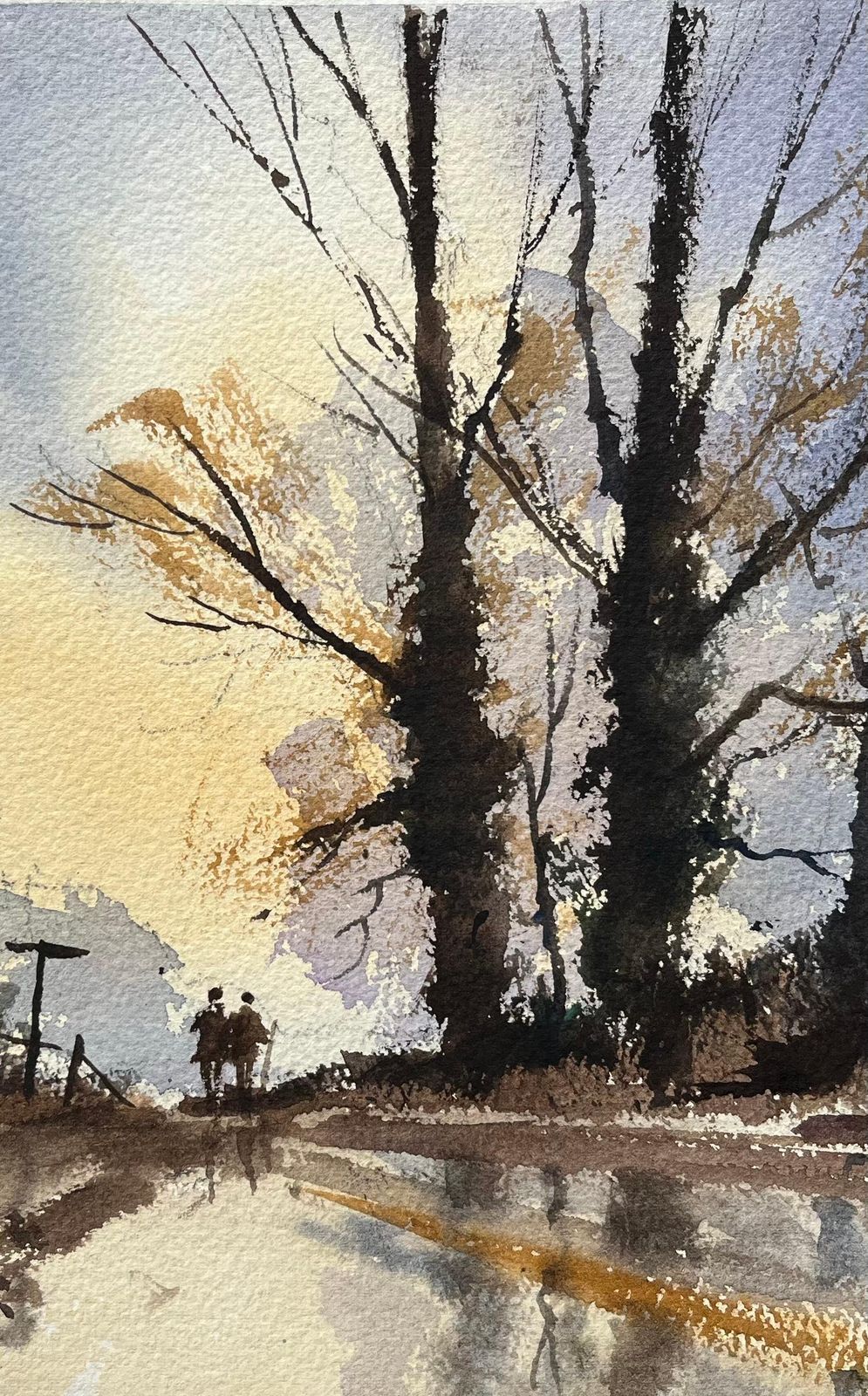 Anthony Avery British Impressionist Watercolor Of A Figures On A Country Road At Sunset photo Art