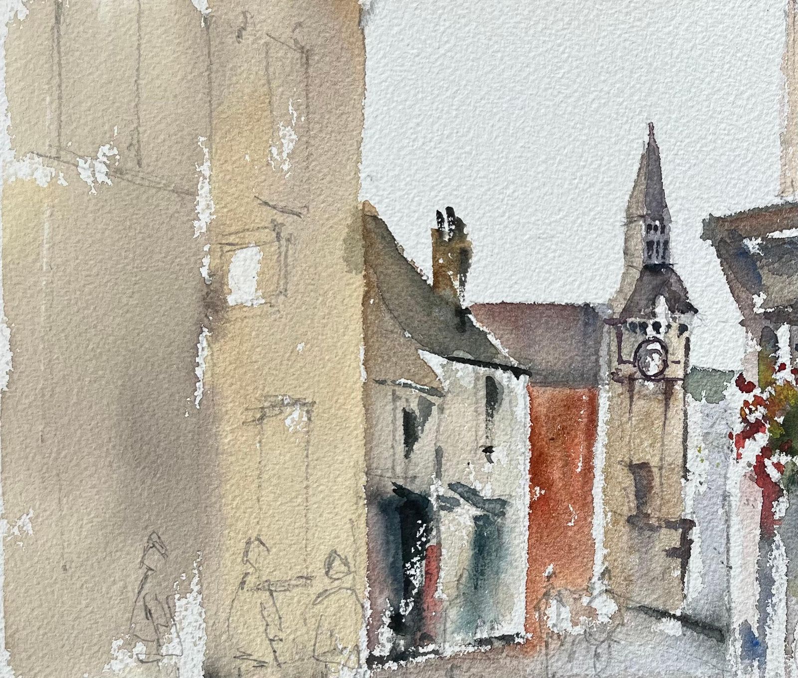 Anthony Avery British Watercolor Of A Clock Tower And Village Street Scene With Figures photo 465.0