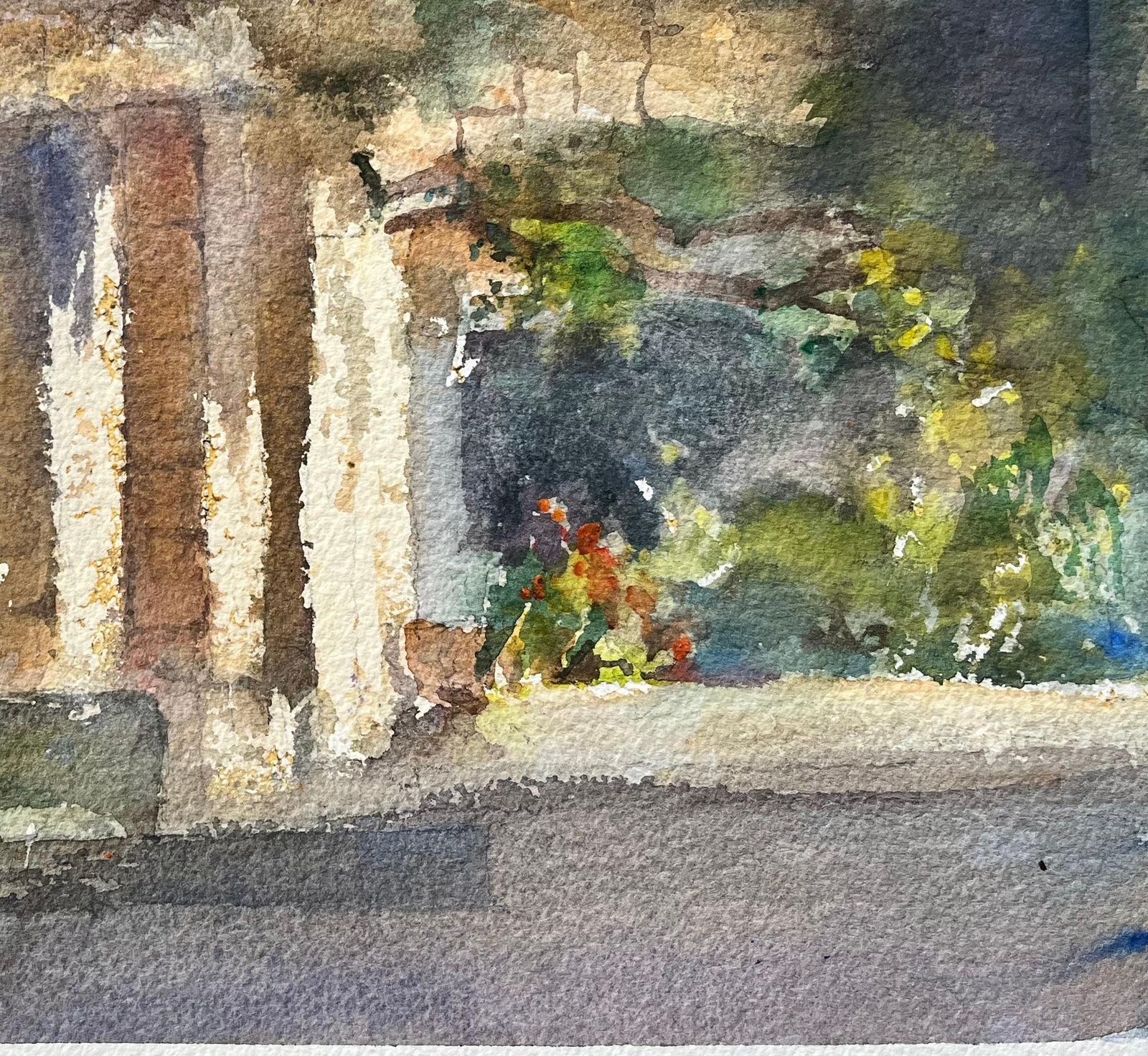 Anthony Avery British Watercolor Architectural Detail With Stone Columns And Greenery photo for sale