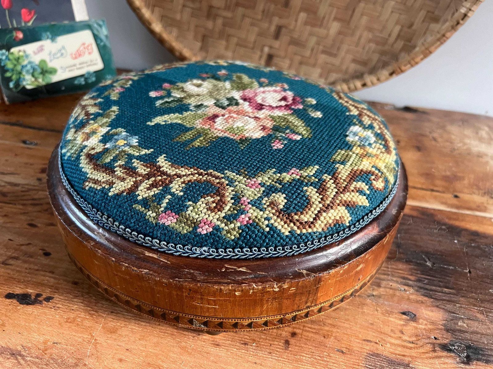 Antique Victorian Needlepoint Footstool With Tunbridge Ware Inlay Detail | Micro Mosaic Geometric Wood | Brass Ball Feet Stool | Patina Blue
