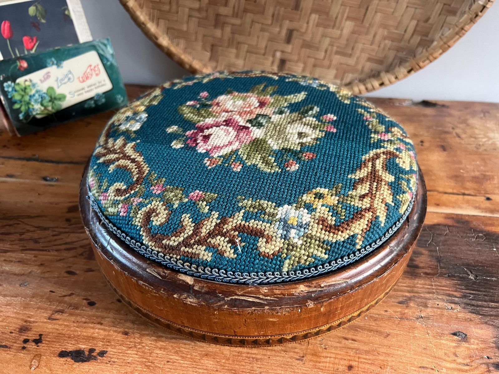 photo furniture Antique Victorian Needlepoint Footstool With Tunbridge Ware Inlay Detail | Micro Mosaic Geometric Wood | Brass Ball Feet Stool | Patina Blue