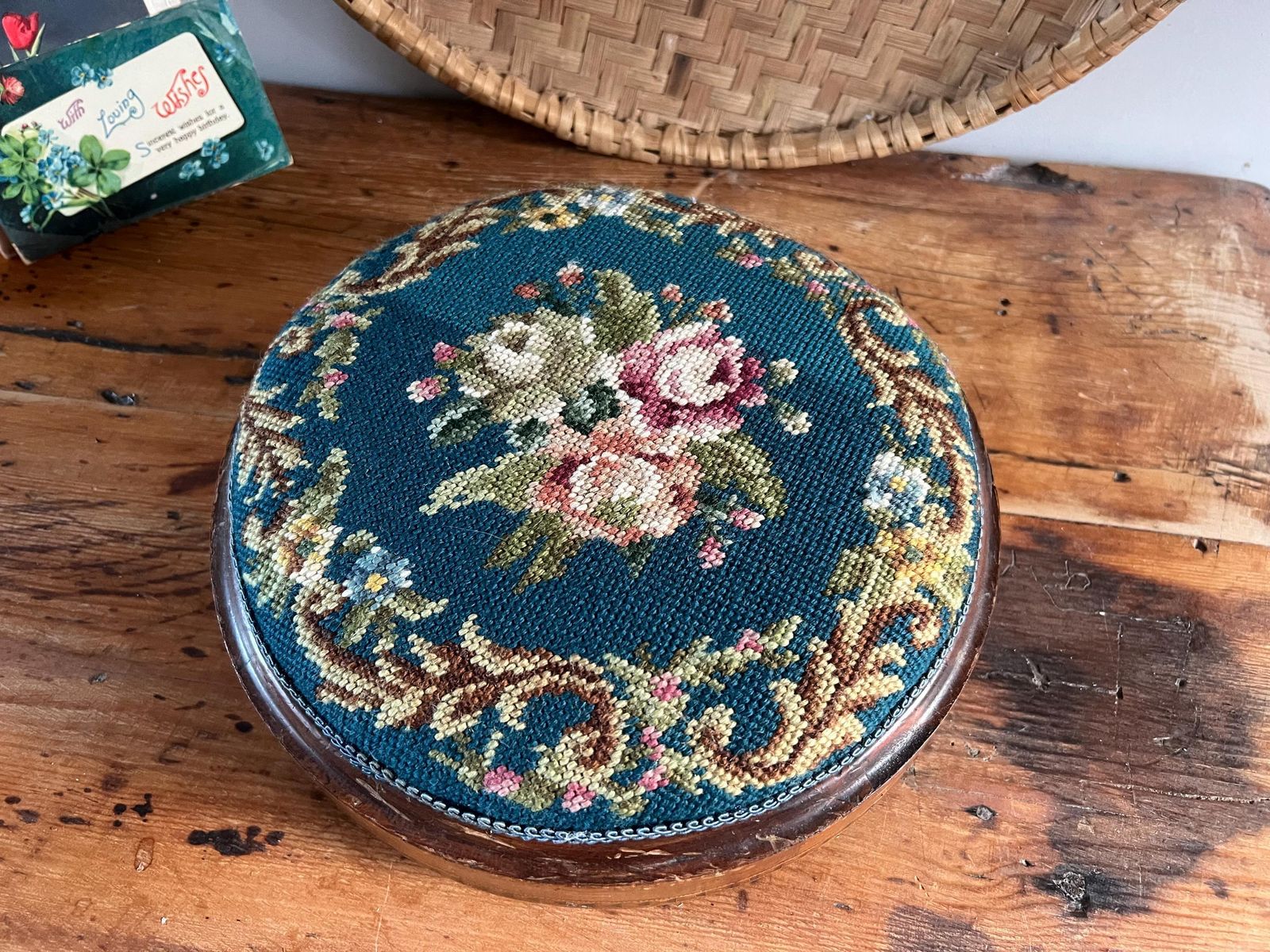 photo vinterior Antique Victorian Needlepoint Footstool With Tunbridge Ware Inlay Detail | Micro Mosaic Geometric Wood | Brass Ball Feet Stool | Patina Blue
