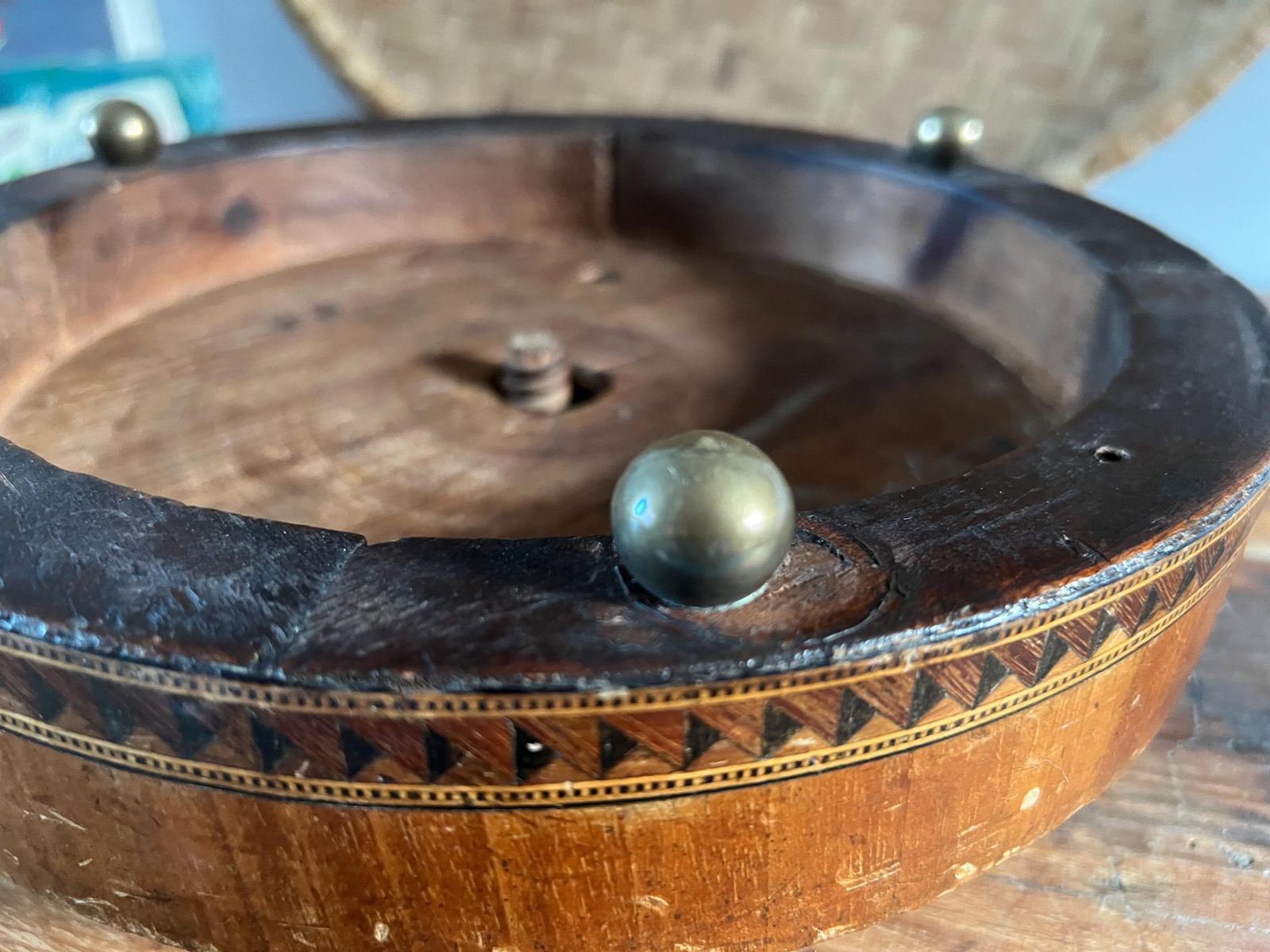 photo vintage Antique Victorian Needlepoint Footstool With Tunbridge Ware Inlay Detail | Micro Mosaic Geometric Wood | Brass Ball Feet Stool | Patina Blue