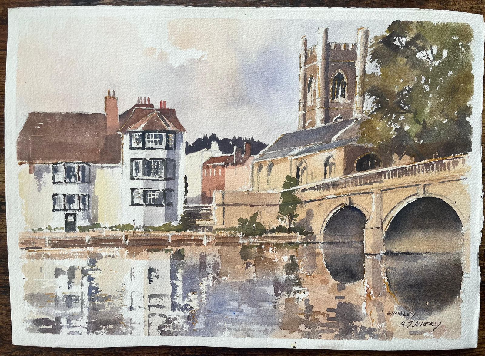 Anthony Avery British Impressionist Watercolor Of Riverside Buildings, A Church And Bridge photo furniture