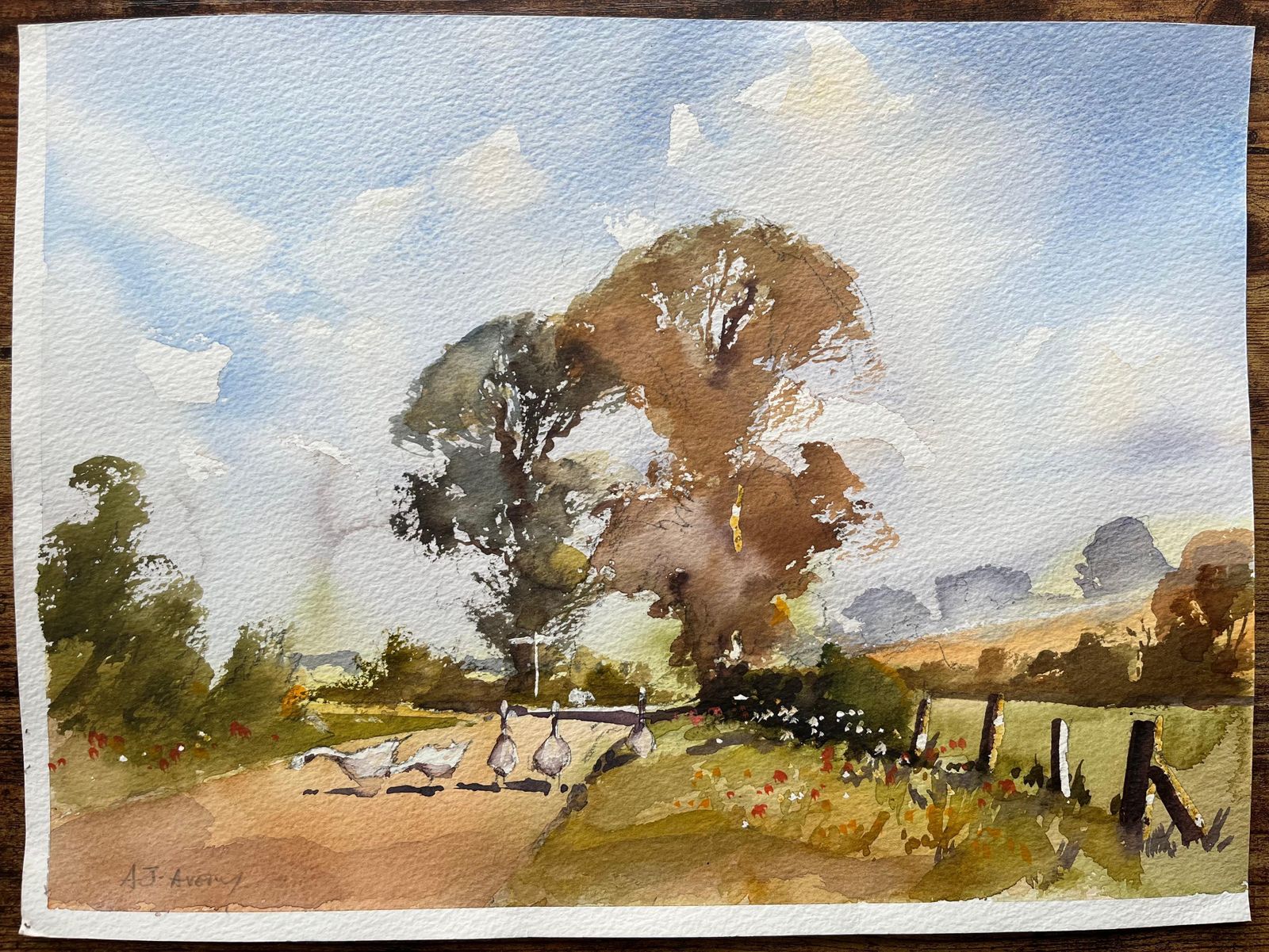 Anthony Avery British Impressionist Watercolor Of Geese Crossing A Quiet Country Lane photo Art