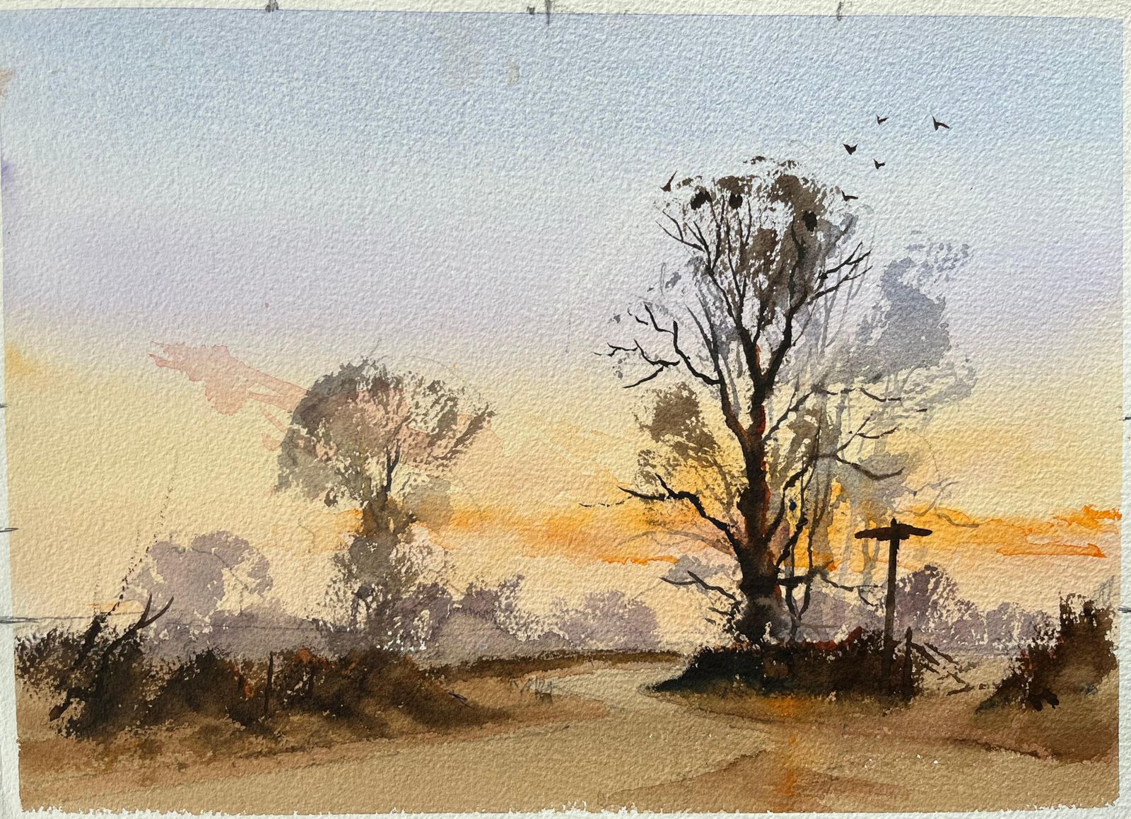 Anthony Avery British Watercolor Landscape With Tree Silhouettes At Sunset