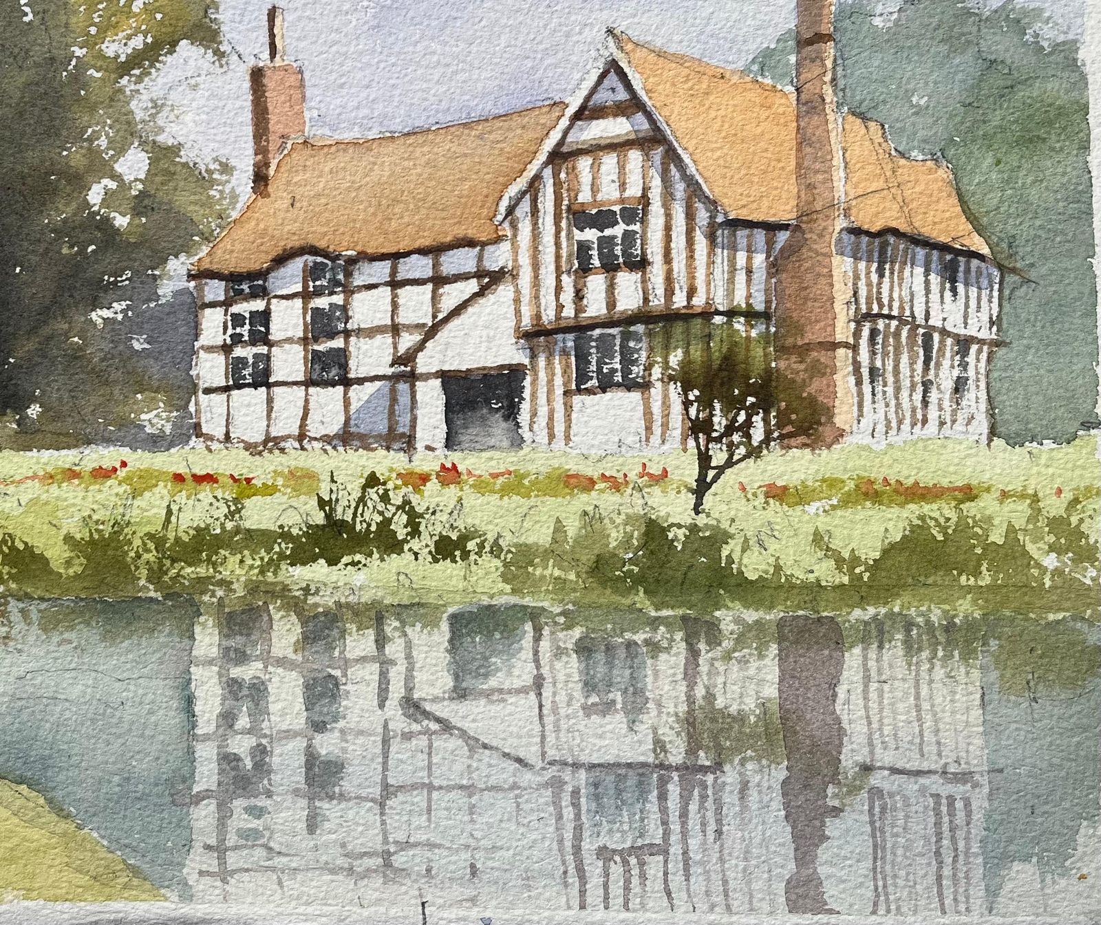 Anthony Avery British Impressionist Watercolor Of A Tudor Style House Reflected In A Lake photo 574.0