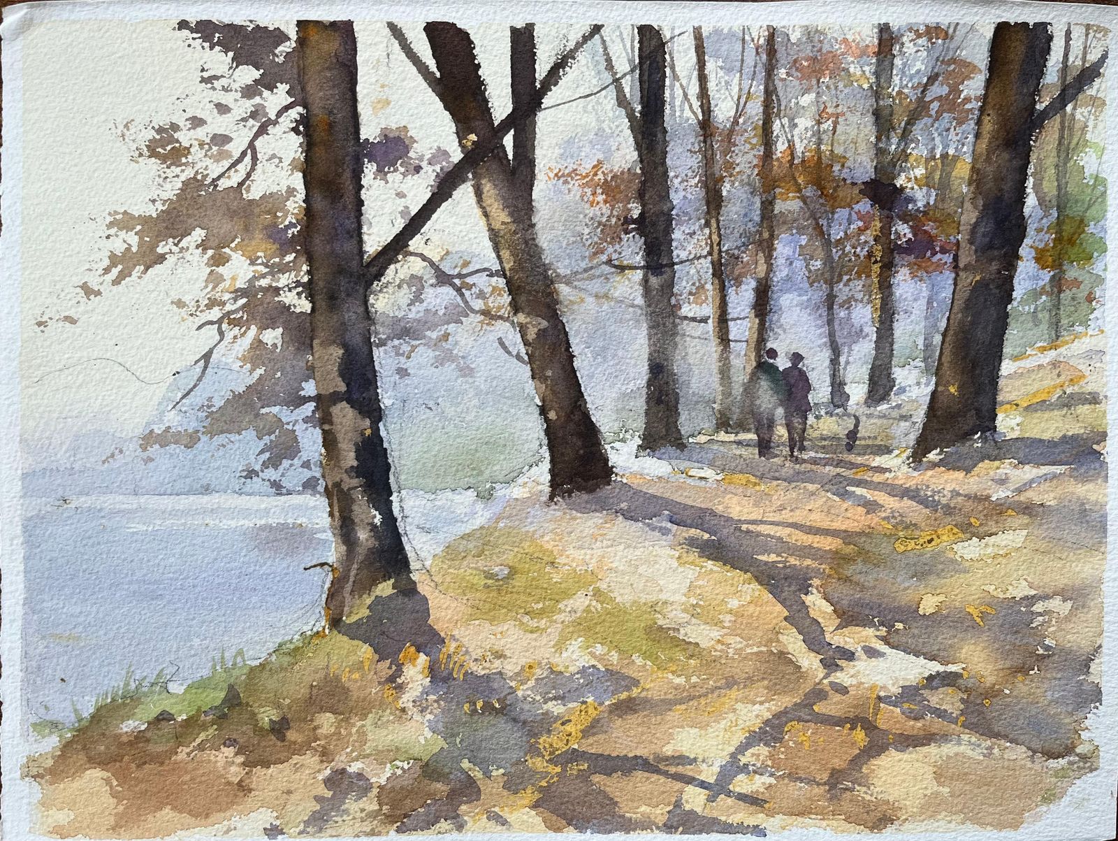 Anthony Avery British Impressionist Watercolor Of Woodland Path With Figures And Dog