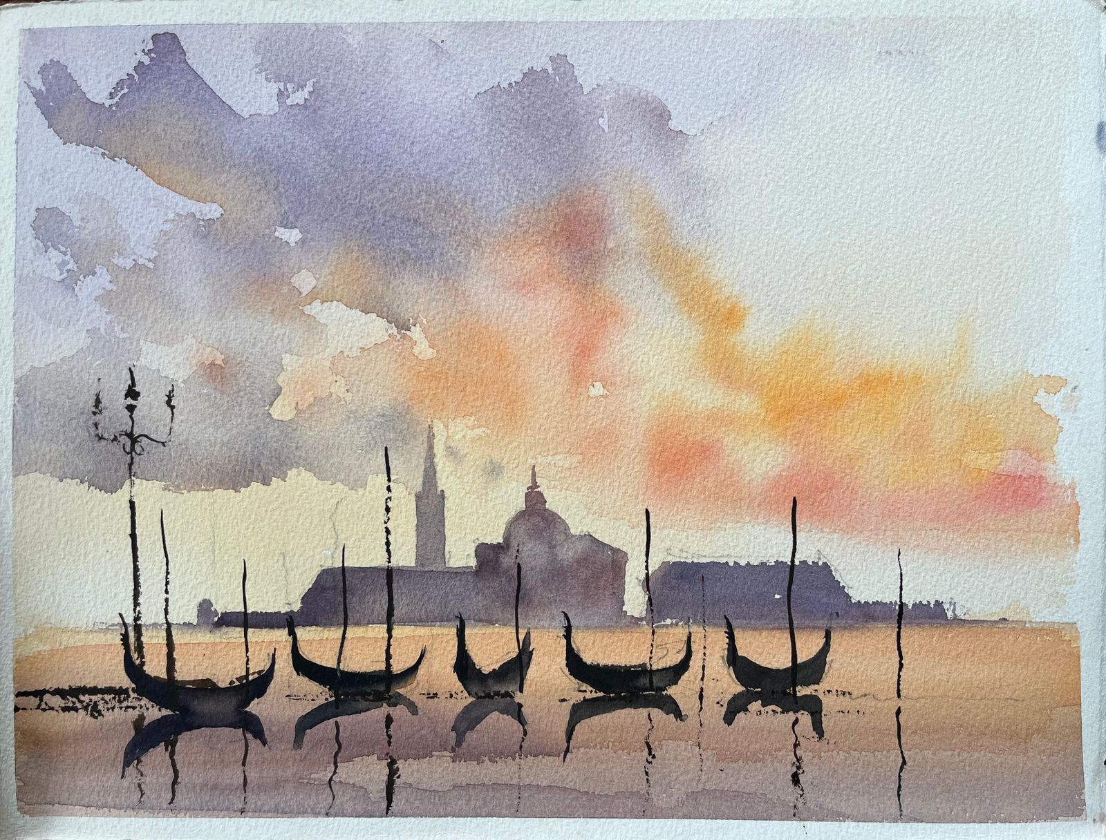 Anthony Avery British Watercolor Of Gondolas At Sunset With A Silhouetted Skyline