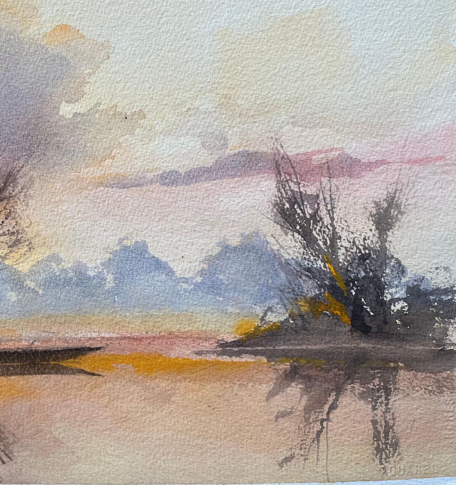 Anthony Avery British Watercolor Of A Serene Riverside Landscape At Dusk With Boat photo for sale