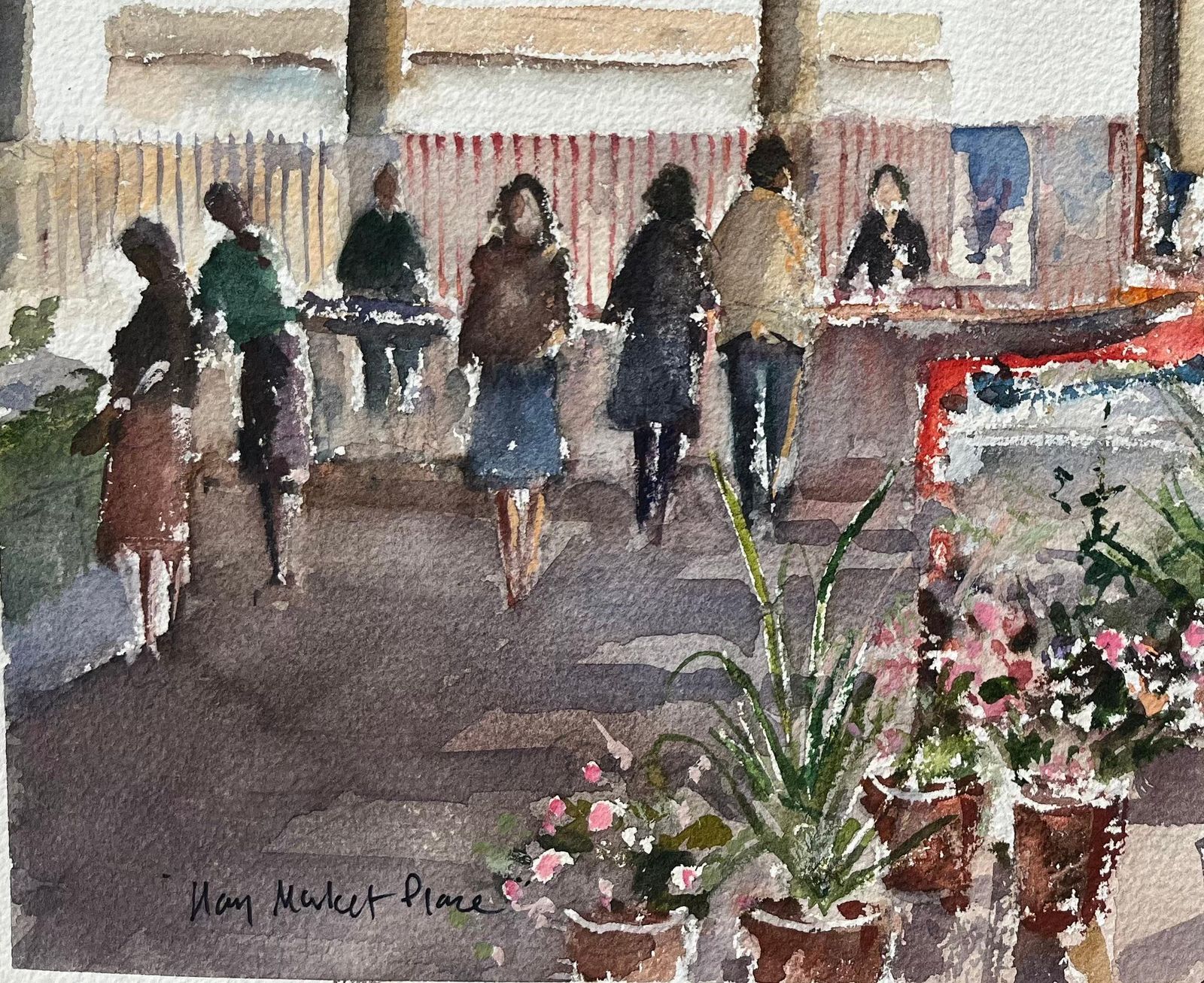 Anthony Avery British Watercolor Of A Bustling Flower Stalls At Hay Market Place photo Art