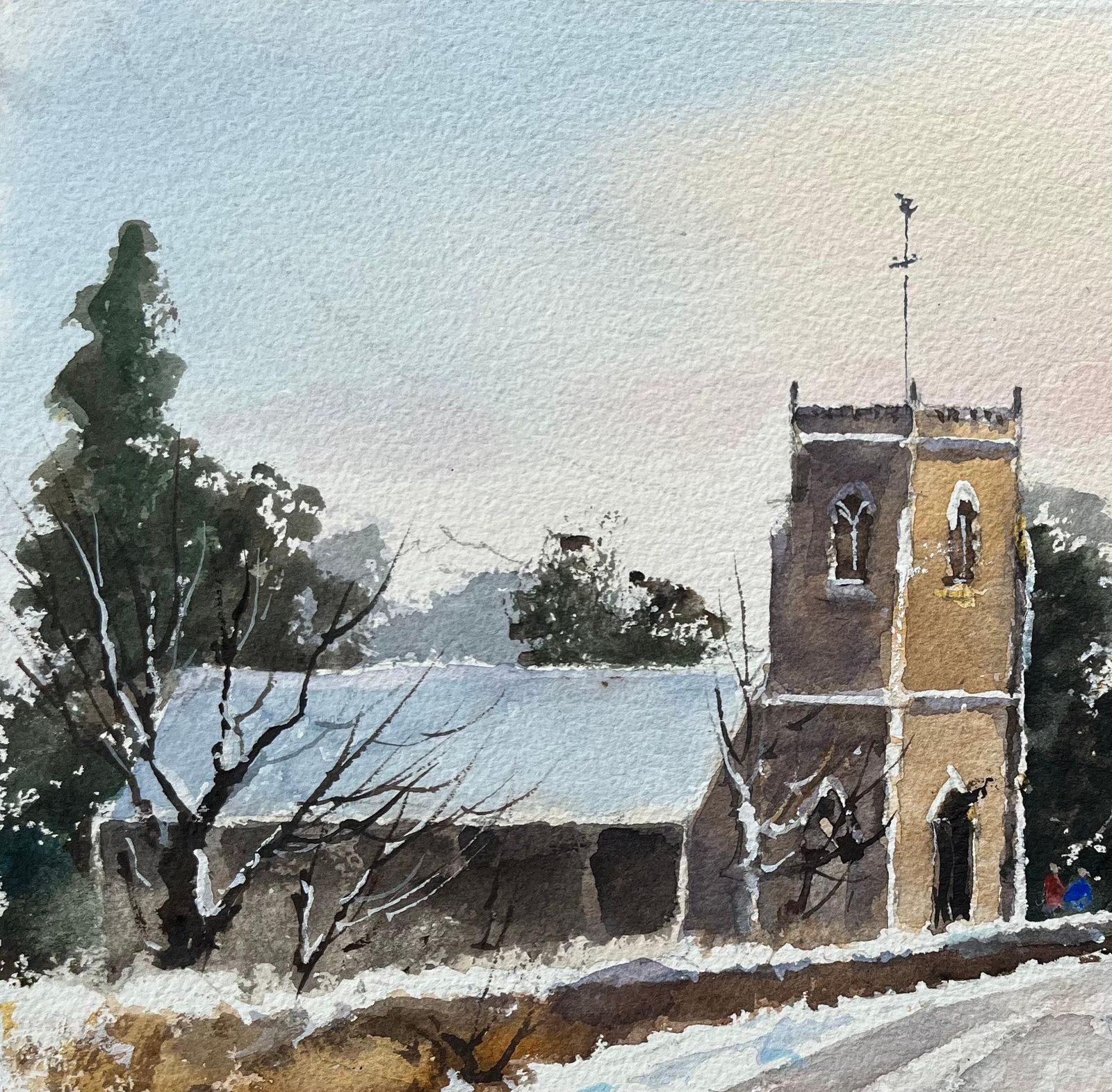 Anthony Avery British Original Watercolor Of A Snow Covered Church And Countryside photo for sale