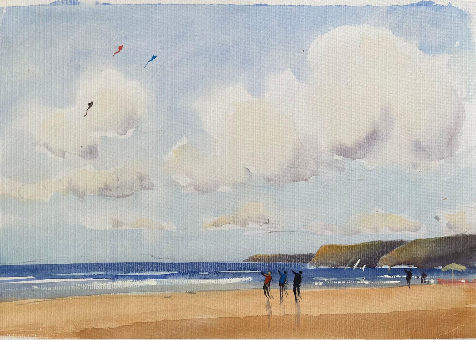 Anthony Avery British Original Watercolor Of A Beach Scene With Kite Flyers