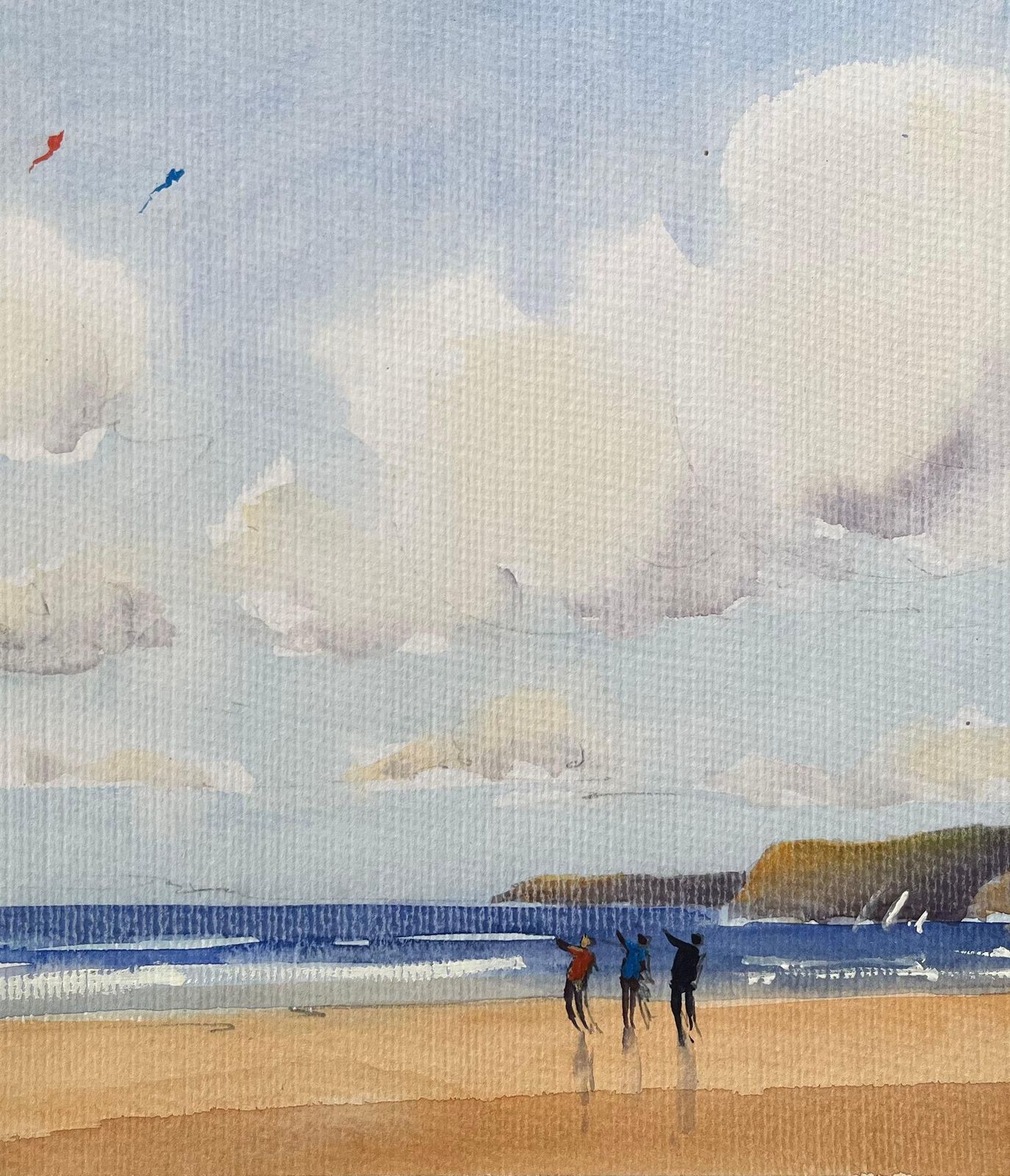 Anthony Avery British Original Watercolor Of A Beach Scene With Kite Flyers photo Art