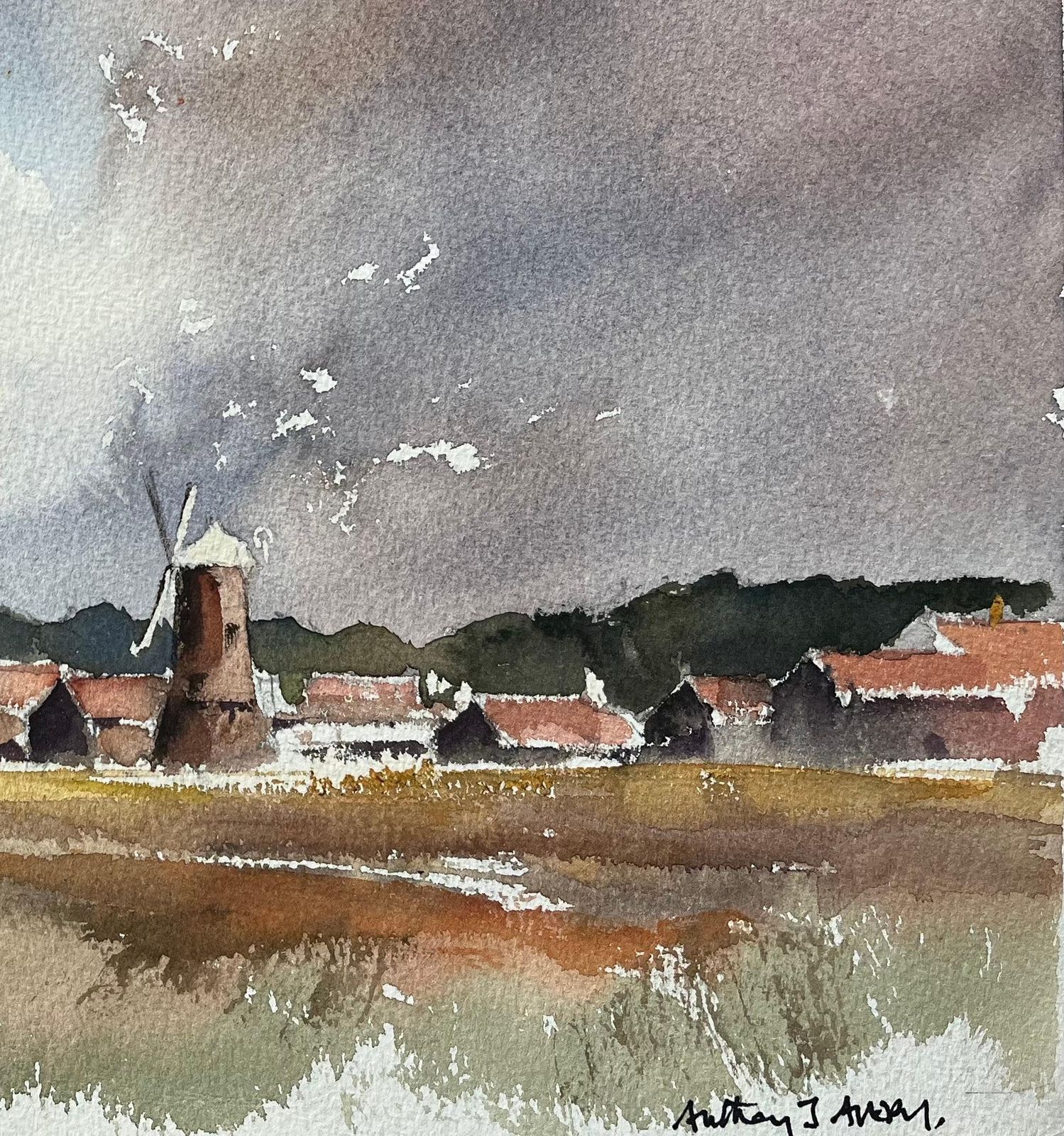 Anthony Avery British Original Watercolor Of A Rustic Windmill And Village Scene photo for sale