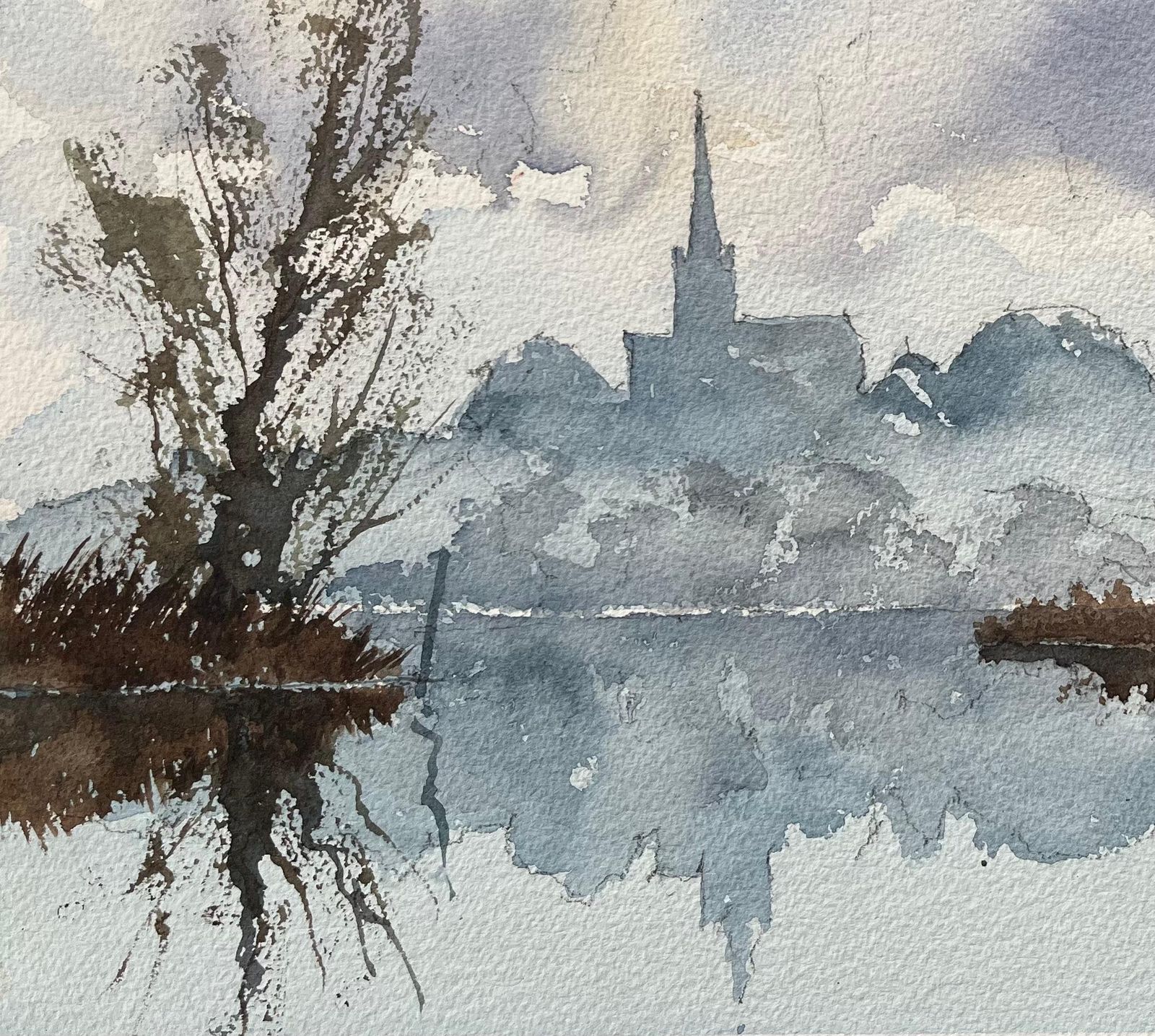 Anthony Avery British Watercolor Of A Riverside Silhouette With Reflections And A Swan photo for sale