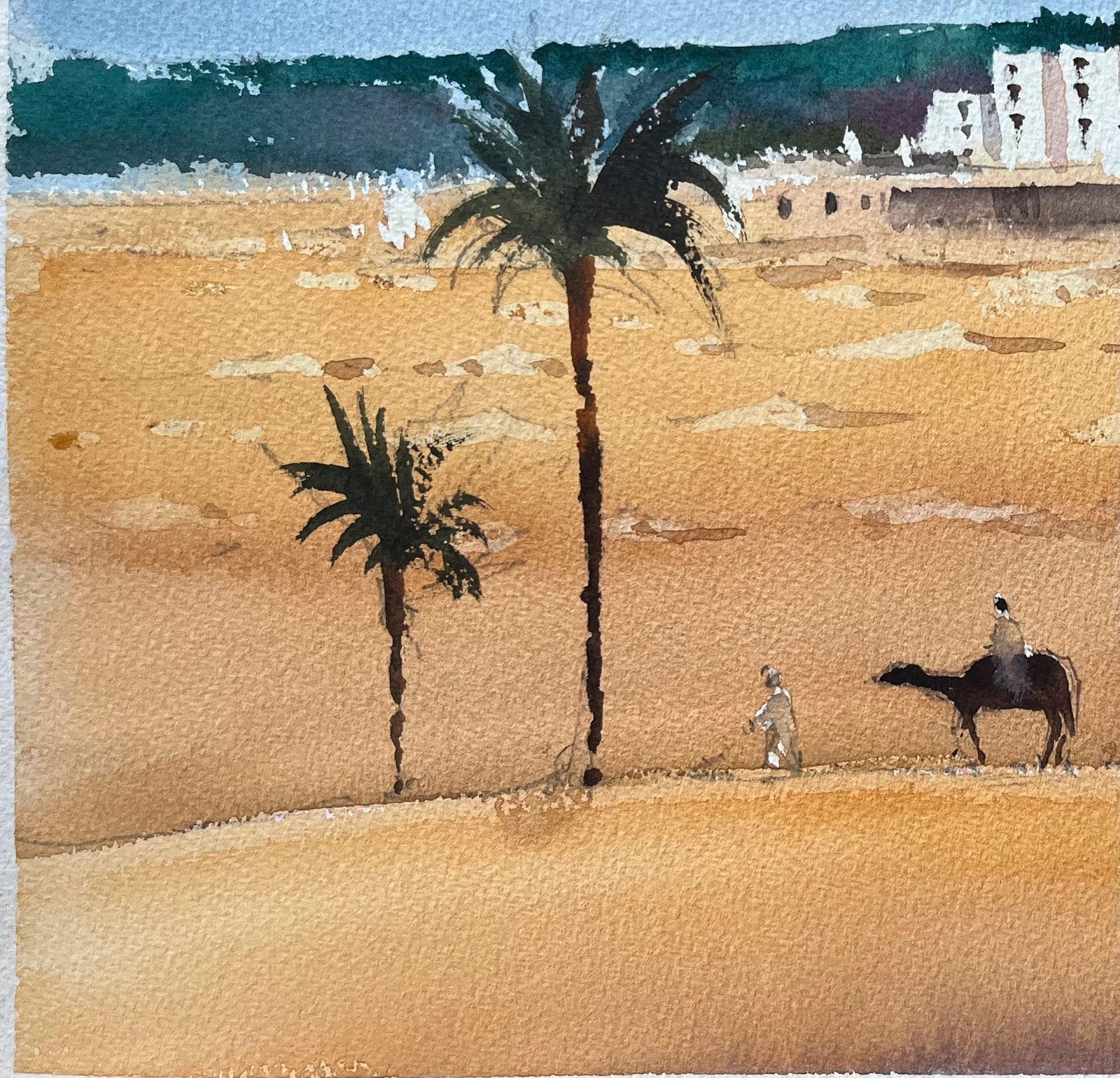Anthony Avery British Impressionist Watercolor Of Desert Landscape With Palm Trees And Figures photo 462.0