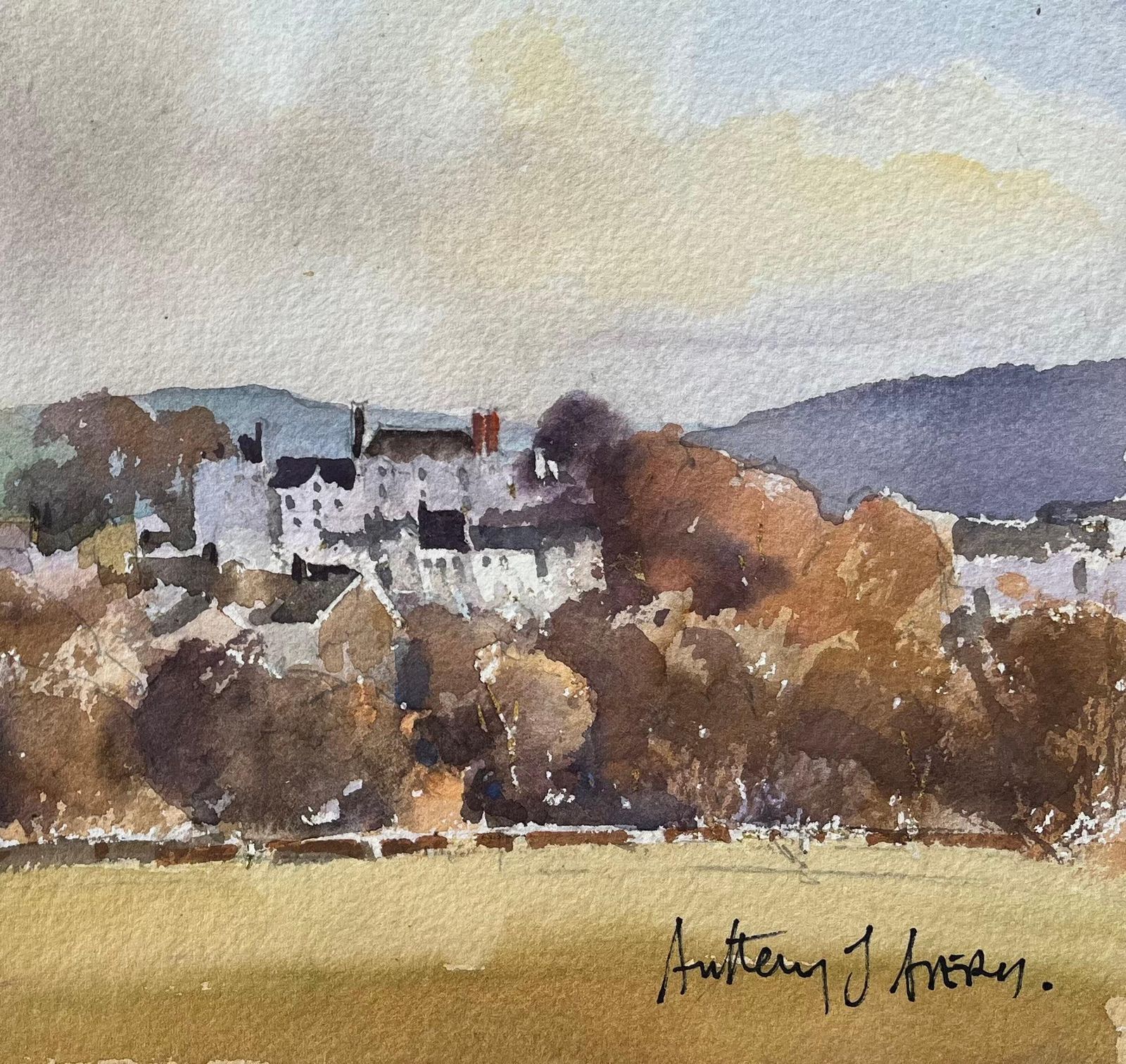 Anthony Avery British Impressionist Watercolor Of Landscape Of Hay On Wye photo for sale