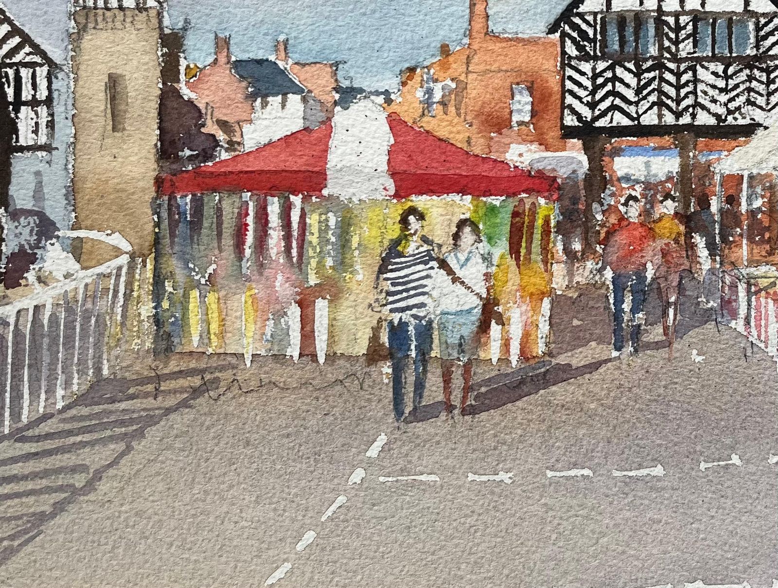Anthony Avery British Impressionist Watercolor Of A Market Town Scene With Tudor Architecture photo vinterior