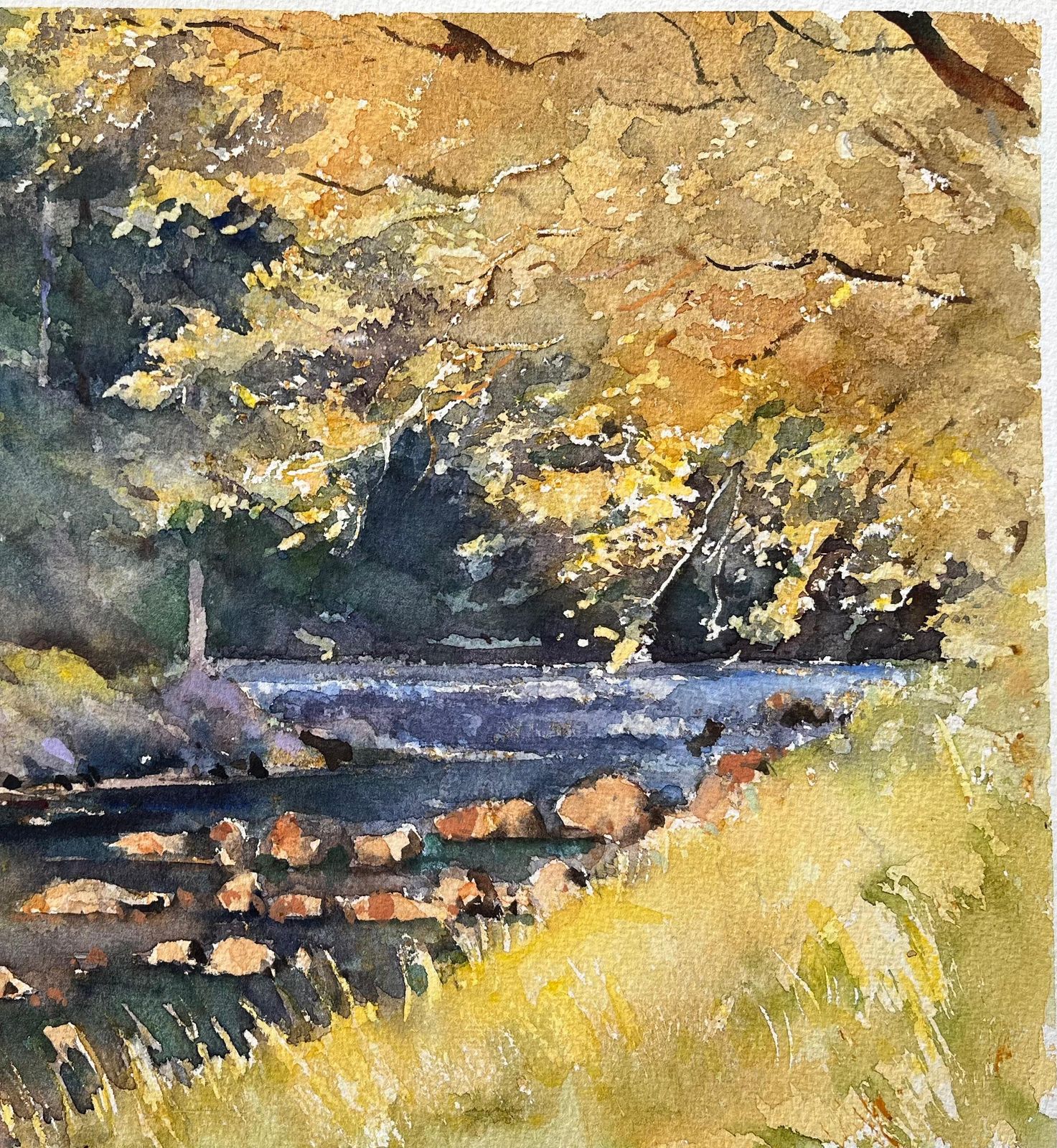 Anthony Avery British Impressionist Watercolor Of A Sunlit Forest Stream photo for sale