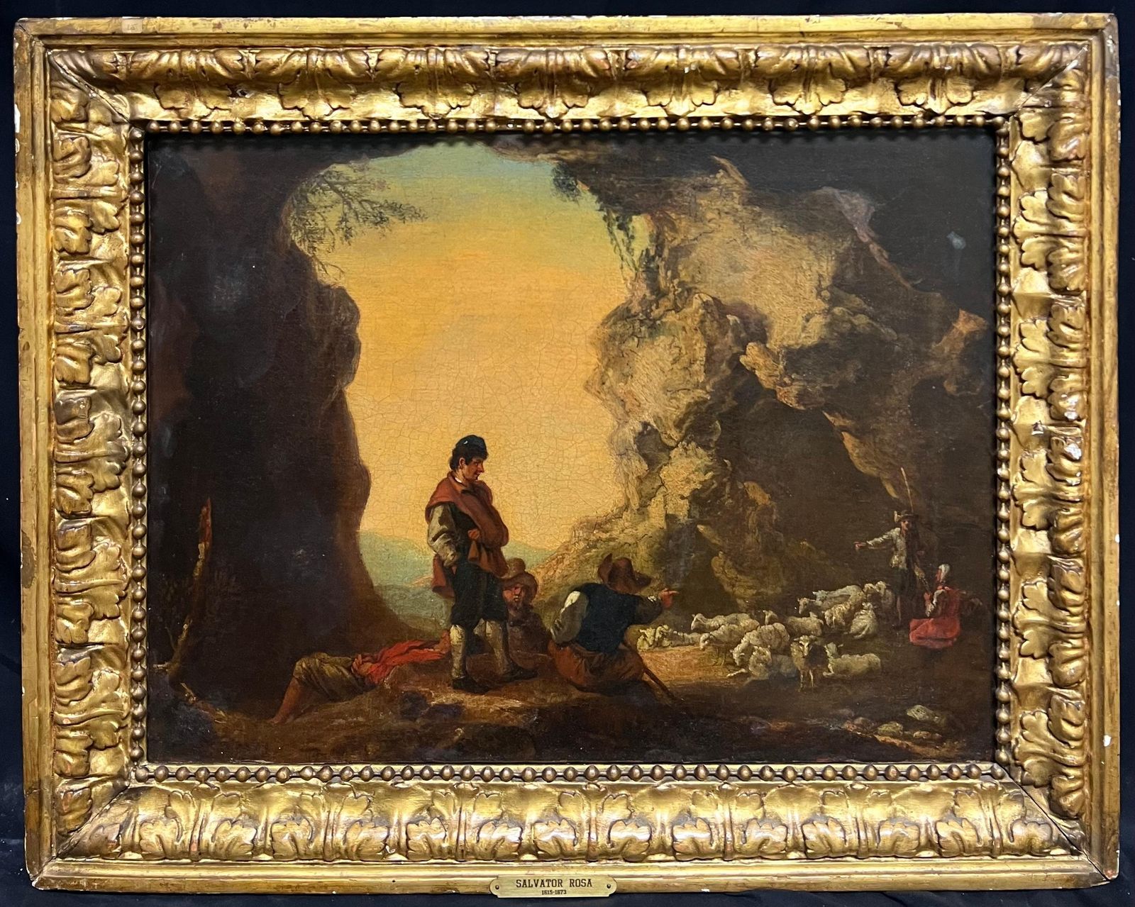 Fine 17th Century Italian Old Master Oil Pastoral Scene With Shepherds At Dusk 17th Century