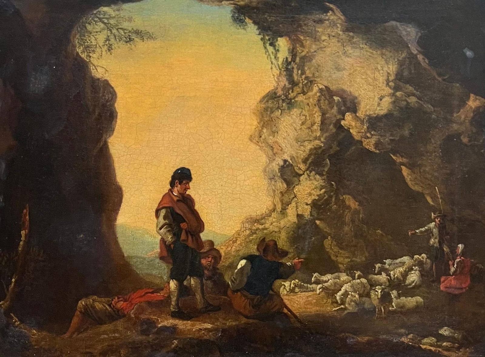 Fine 17th Century Italian Old Master Oil Pastoral Scene With Shepherds At Dusk 17th Century photo for sale