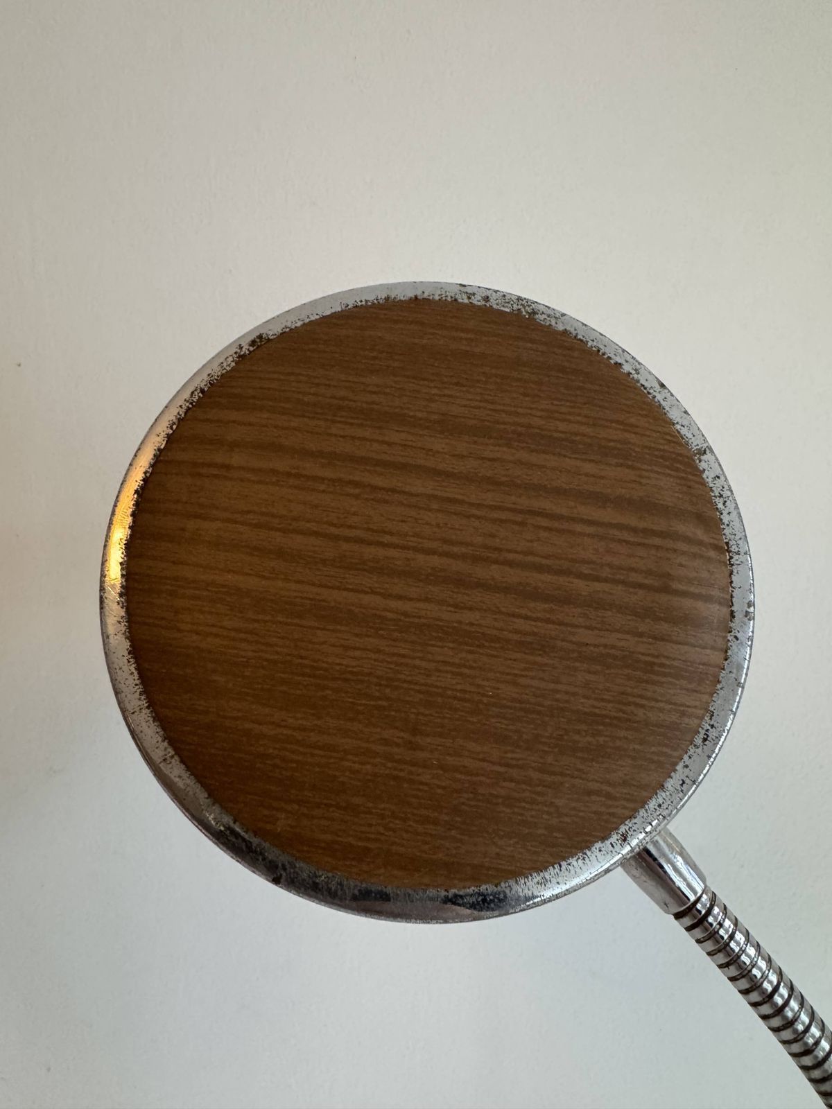 Pair Of Adjustable Vintage Table Lamps, Chrome Metal And Wood, France. photo for sale