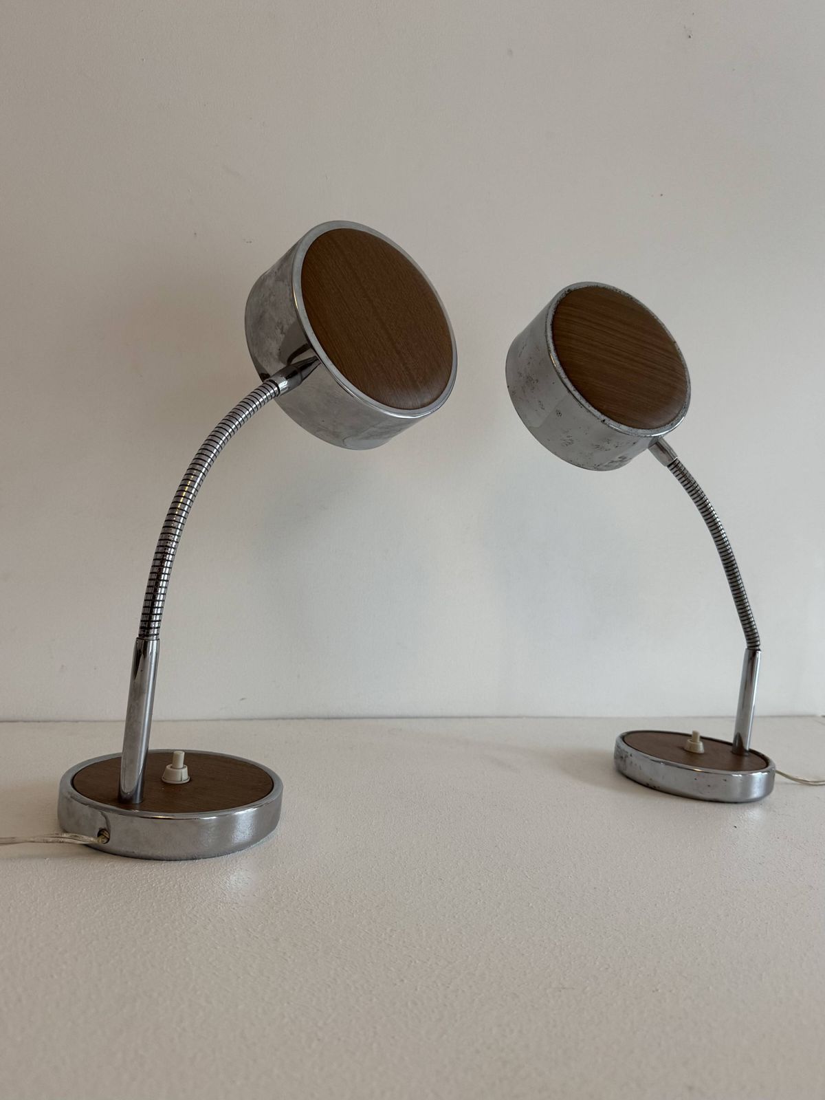 Pair Of Adjustable Vintage Table Lamps, Chrome Metal And Wood, France. photo vintage