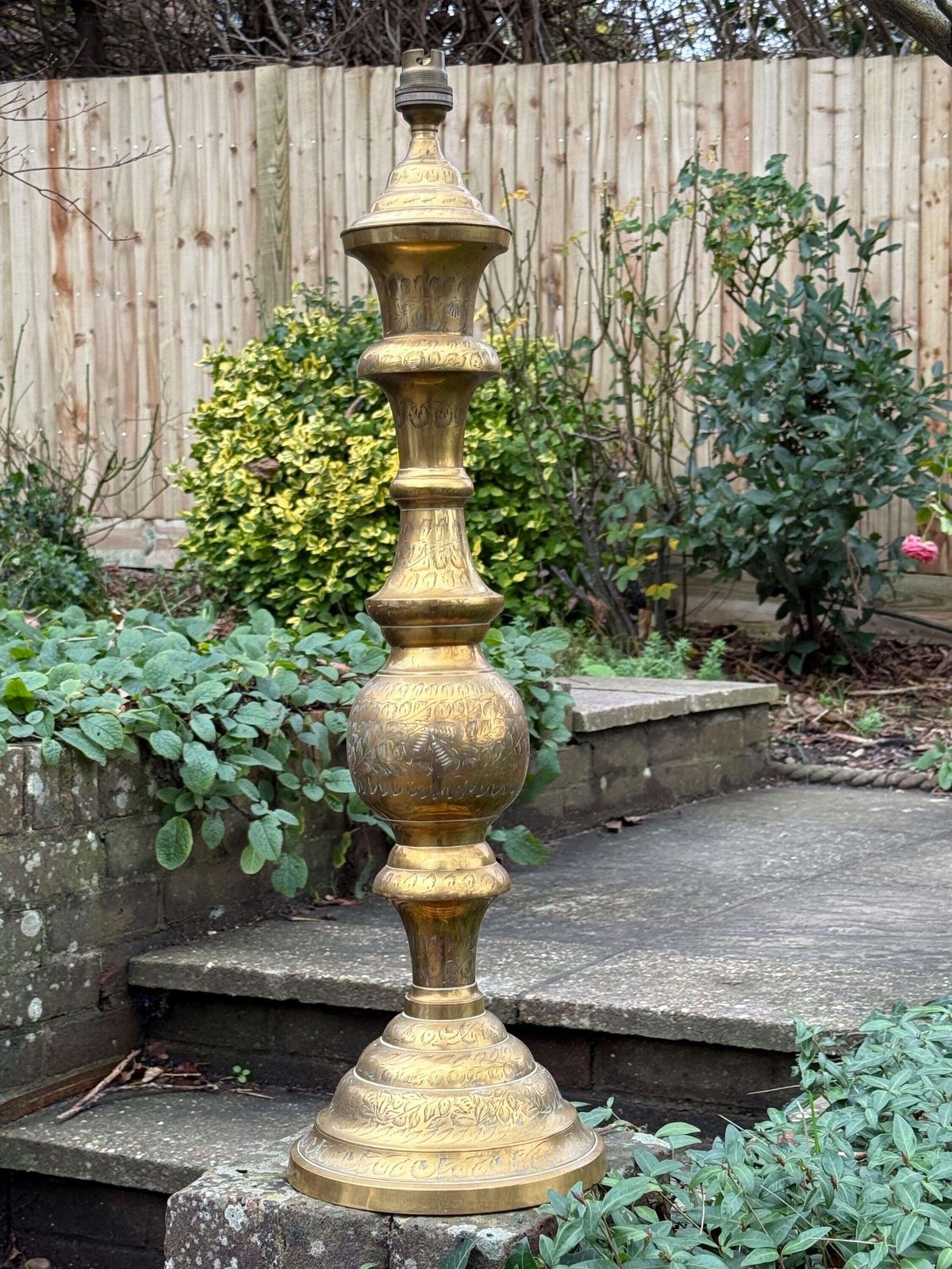 Large Vintage Hand Engraved Solid Brass Table Lamp With Ornate Mid Century Design 61cm Tall, Pat Tested And Working photo furniture