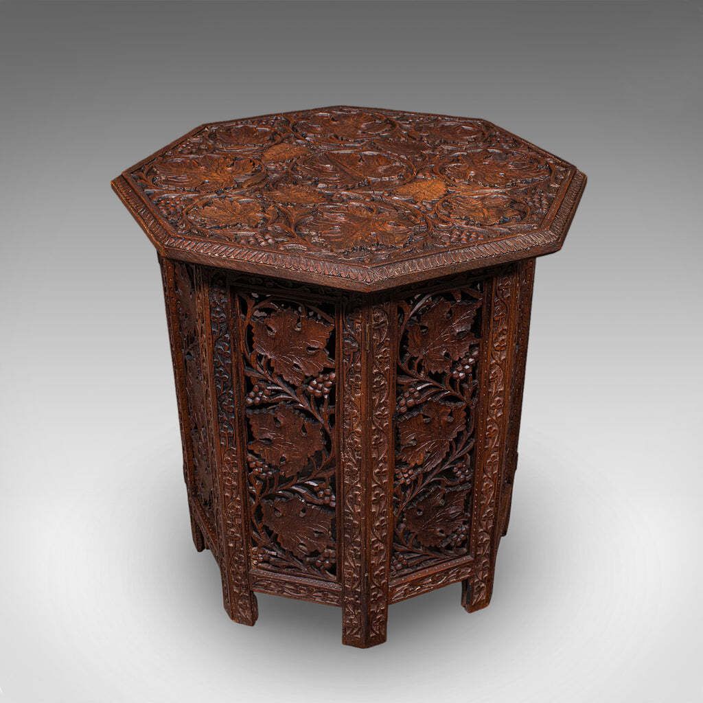 Antique Campaign Tea Table, Anglo Indian, Carved, Lamp, Side, Victorian, C.1900