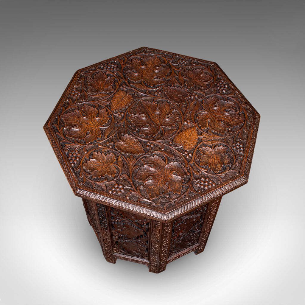 Antique Campaign Tea Table, Anglo Indian, Carved, Lamp, Side, Victorian, C.1900 photo vinterior