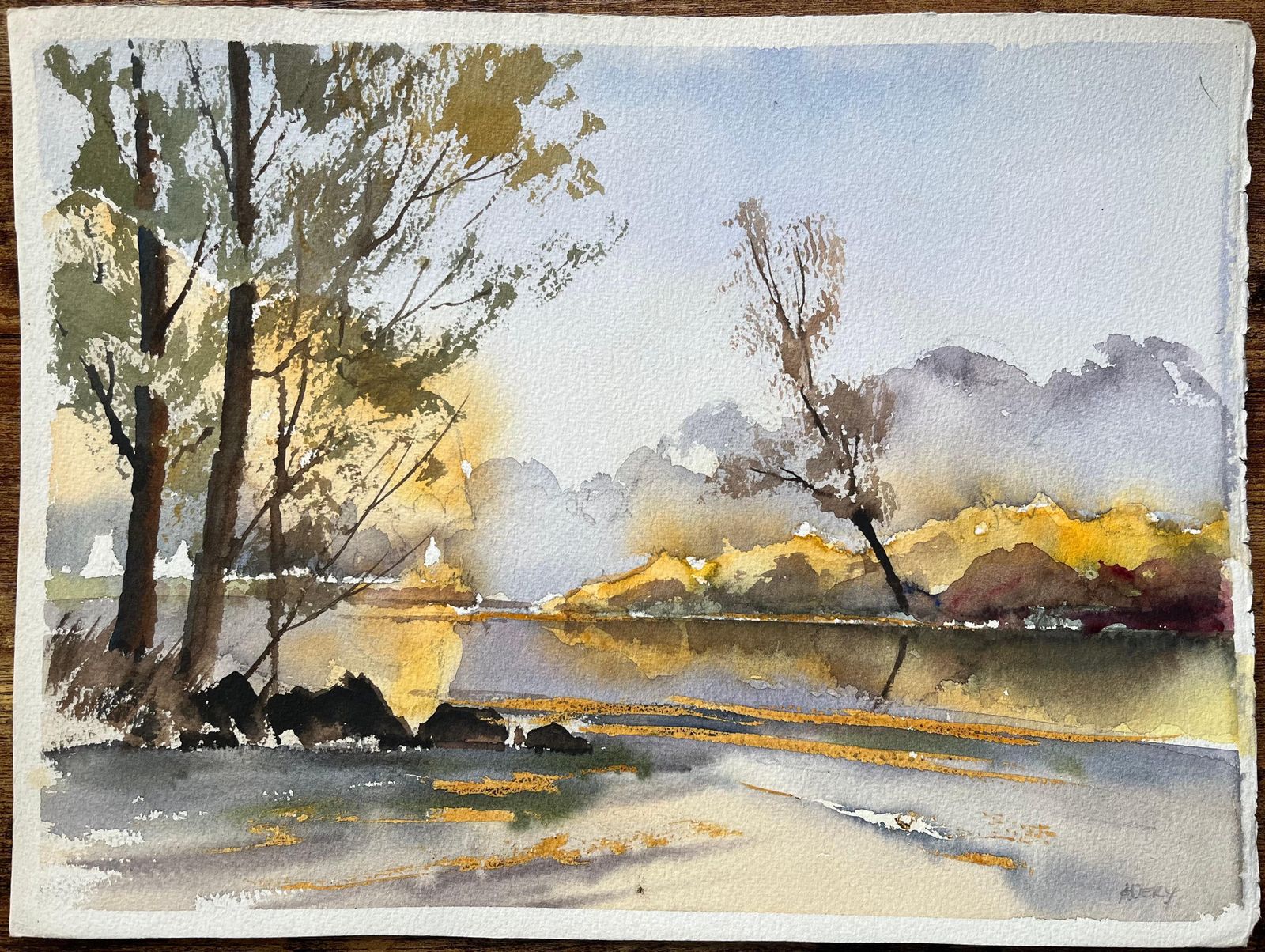 Anthony Avery British Impressionist Watercolor Of Autumn Reflections On A Serene Riverbank photo furniture