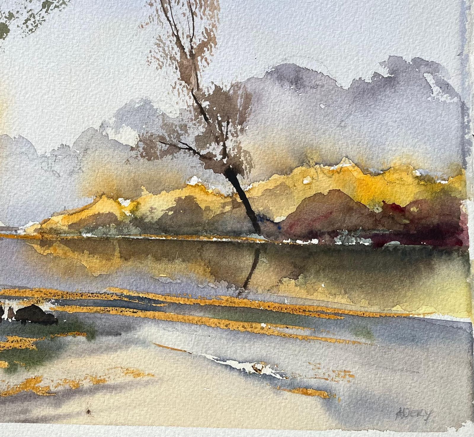 Anthony Avery British Impressionist Watercolor Of Autumn Reflections On A Serene Riverbank photo for sale