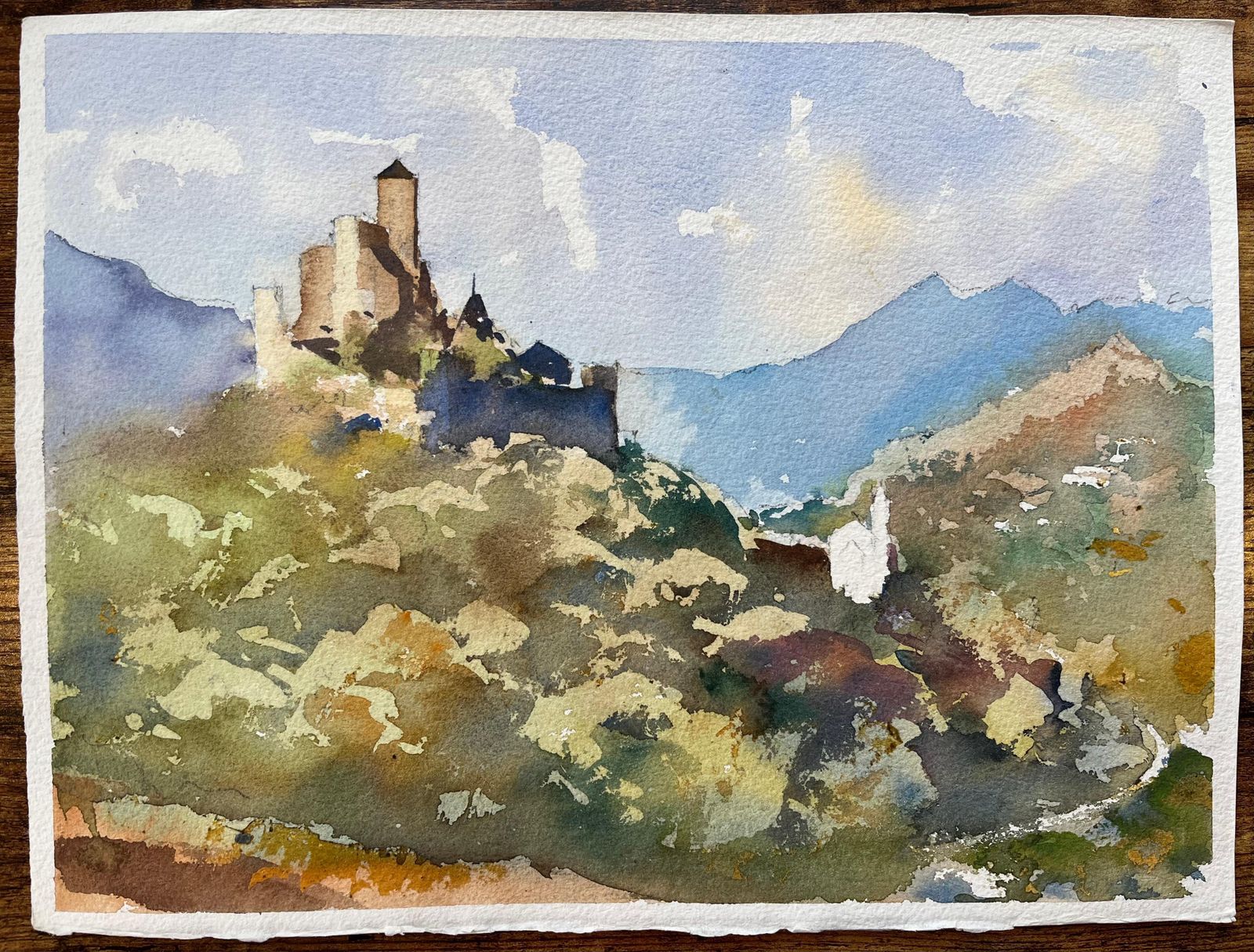 Anthony Avery British Impressionist Watercolor Of Castle On A Hilltop With Mountain Backdrop photo furniture