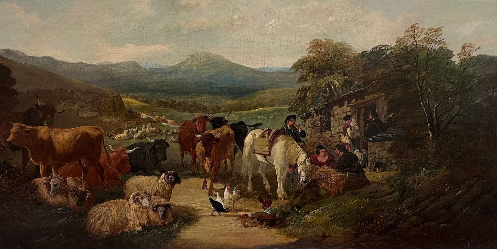 Huge Victorian Scottish Oil Painting Highland Family Cottage & Animals, Framed photo furniture