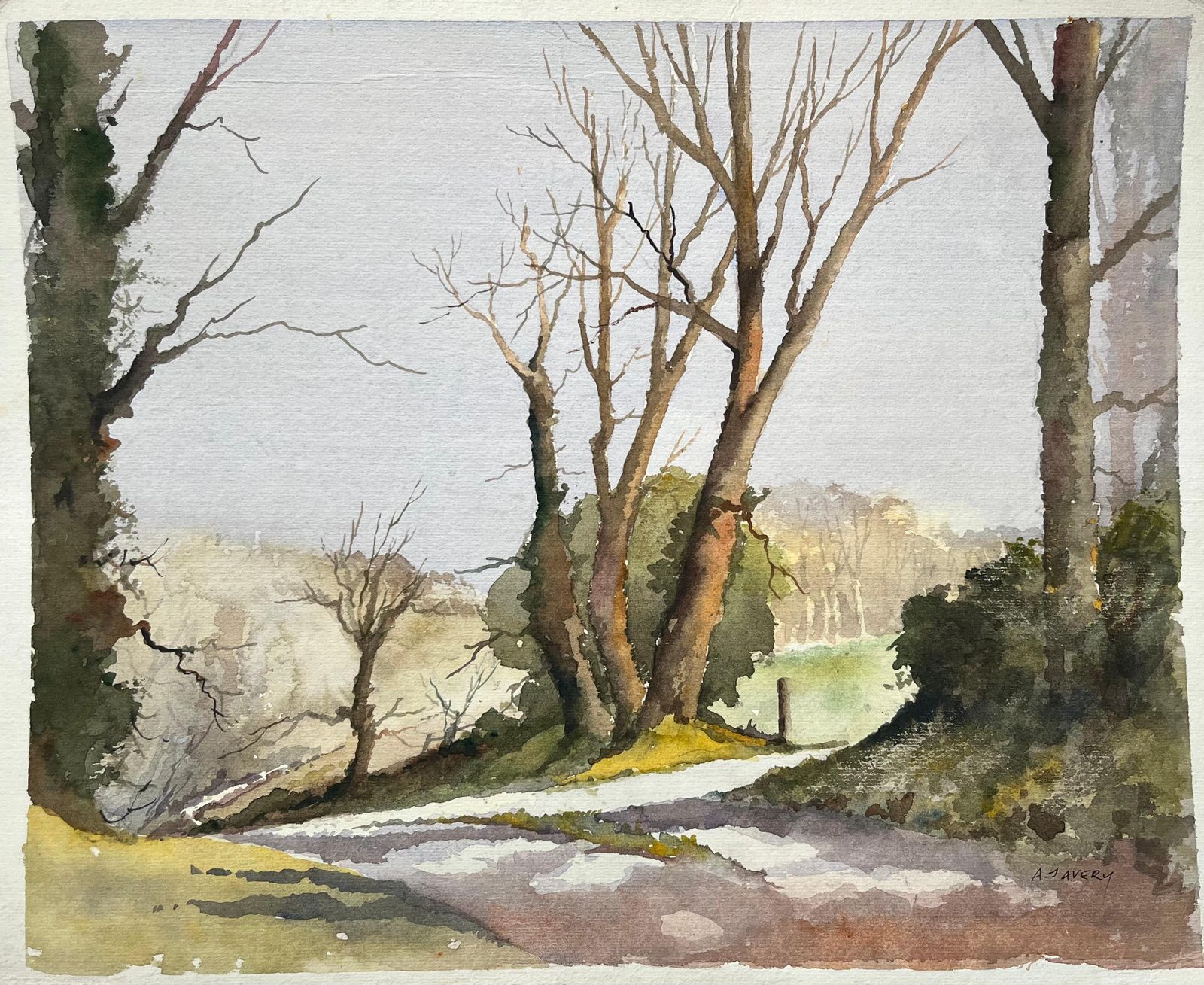 Anthony Avery British Impressionist Watercolor Of A Quiet Country Path With Bare Trees