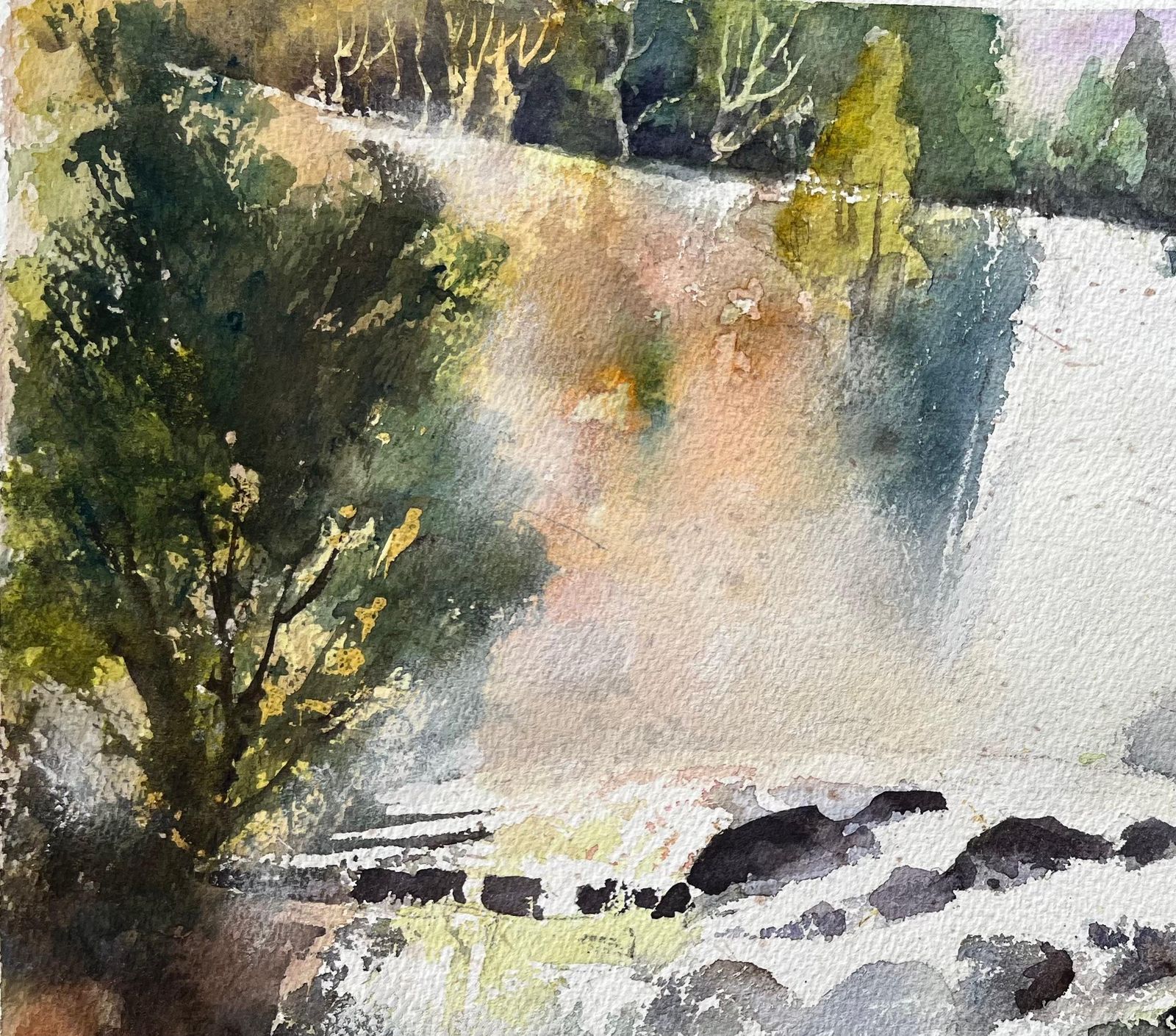 Anthony Avery British Impressionist Watercolor Of Misty Waterfall At Dawn photo vinterior
