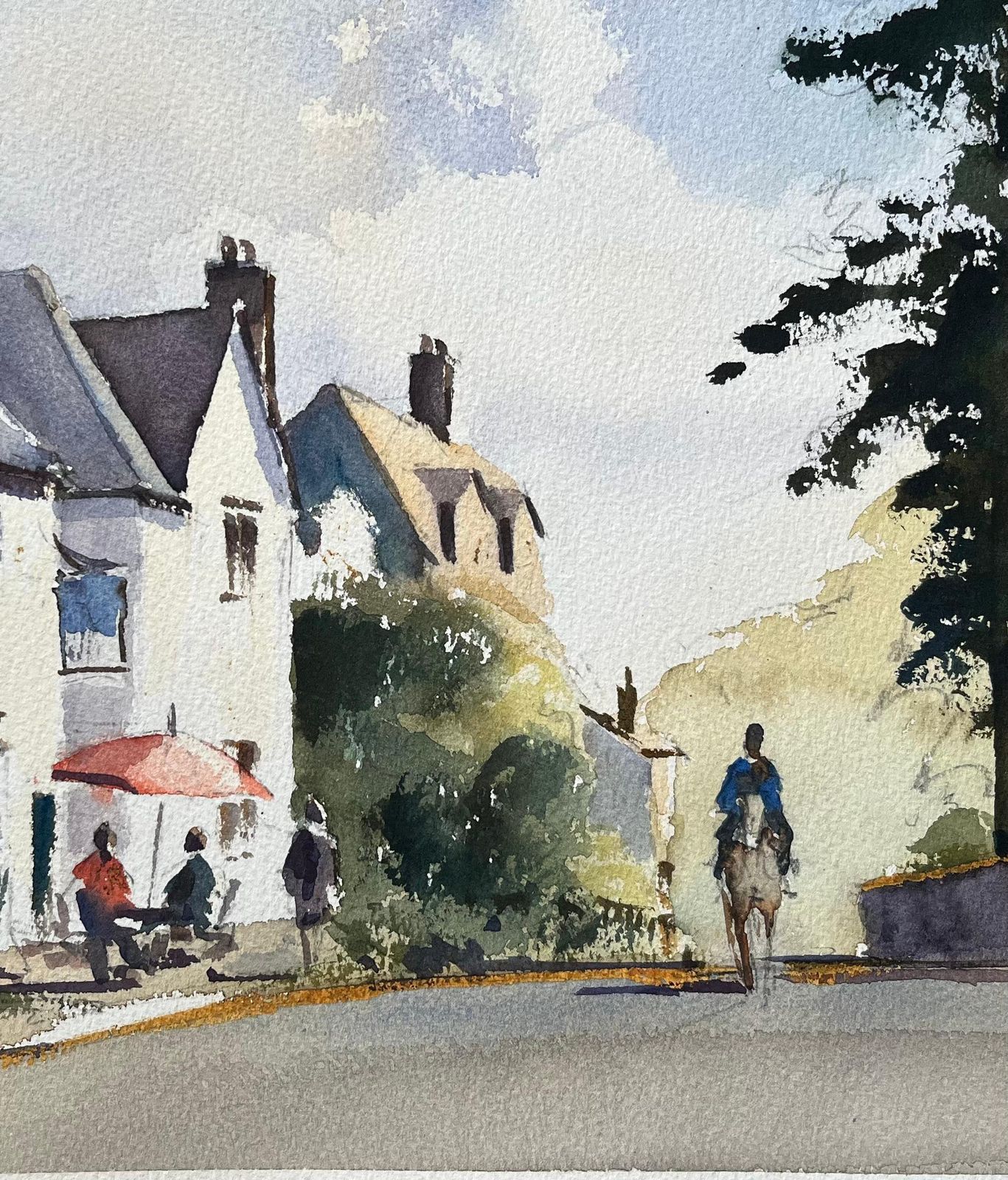 Anthony Avery British Impressionist Watercolor Of A Village Street With Outdoor Café And Horse photo Art