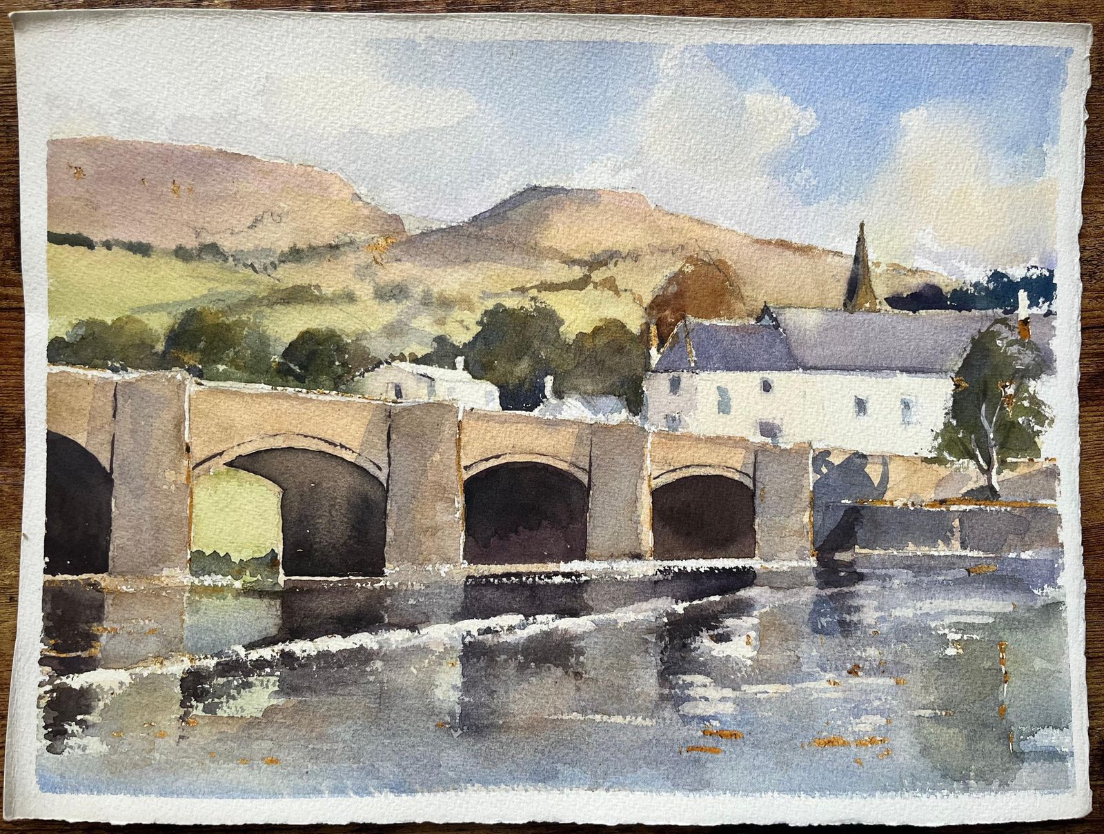 Anthony Avery British Impressionist Watercolor Of A Stone Bridge With Hills And A Church photo furniture