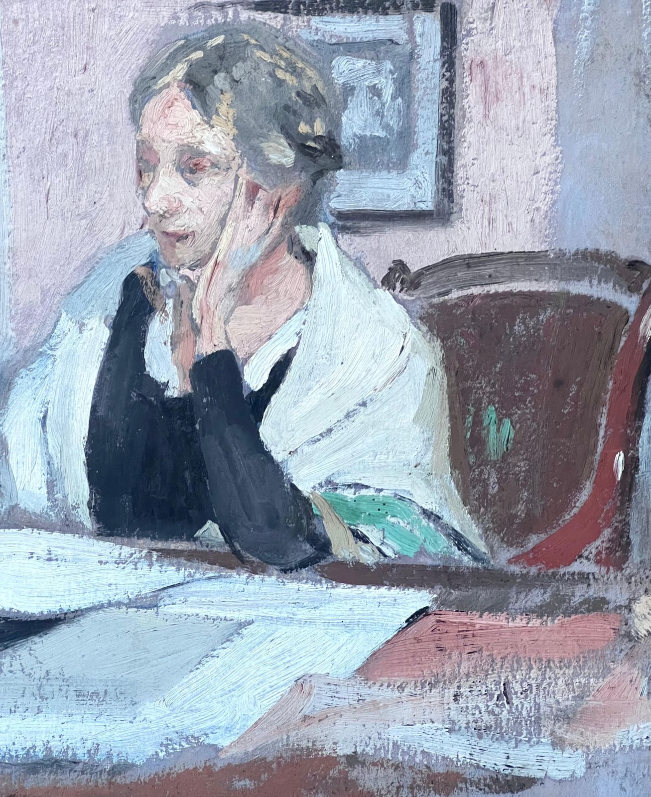 Etienne Auguste Krier (French, 1875 1953) 1930's French Impressionist Painting Artists Mother Reading At Desk In Interior 1930's photo for sale