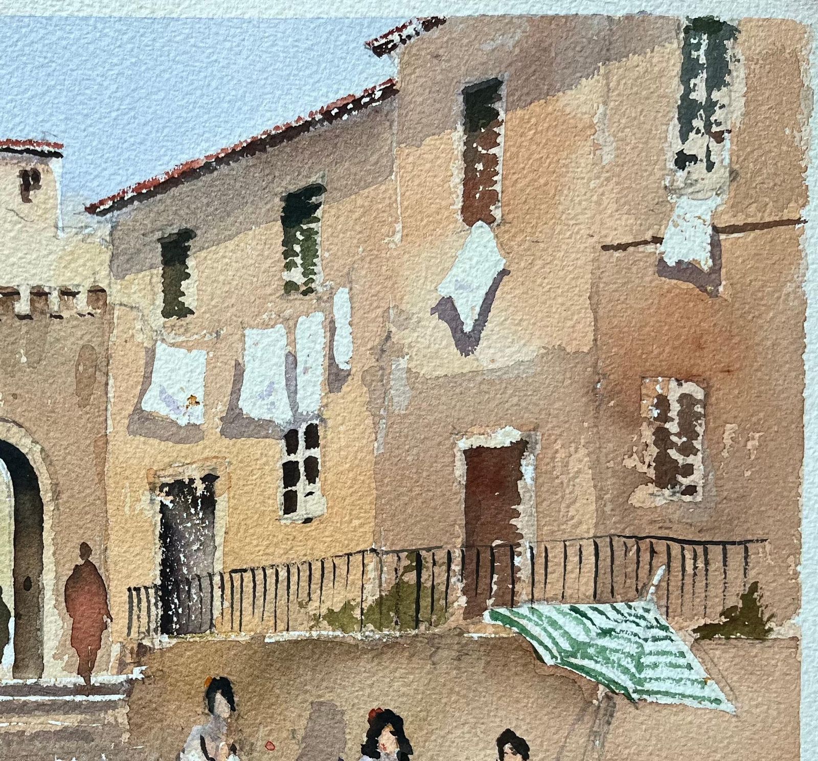 Anthony Avery British Watercolor Of A Market Scene With Arched Gate And Flower Sellers photo for sale