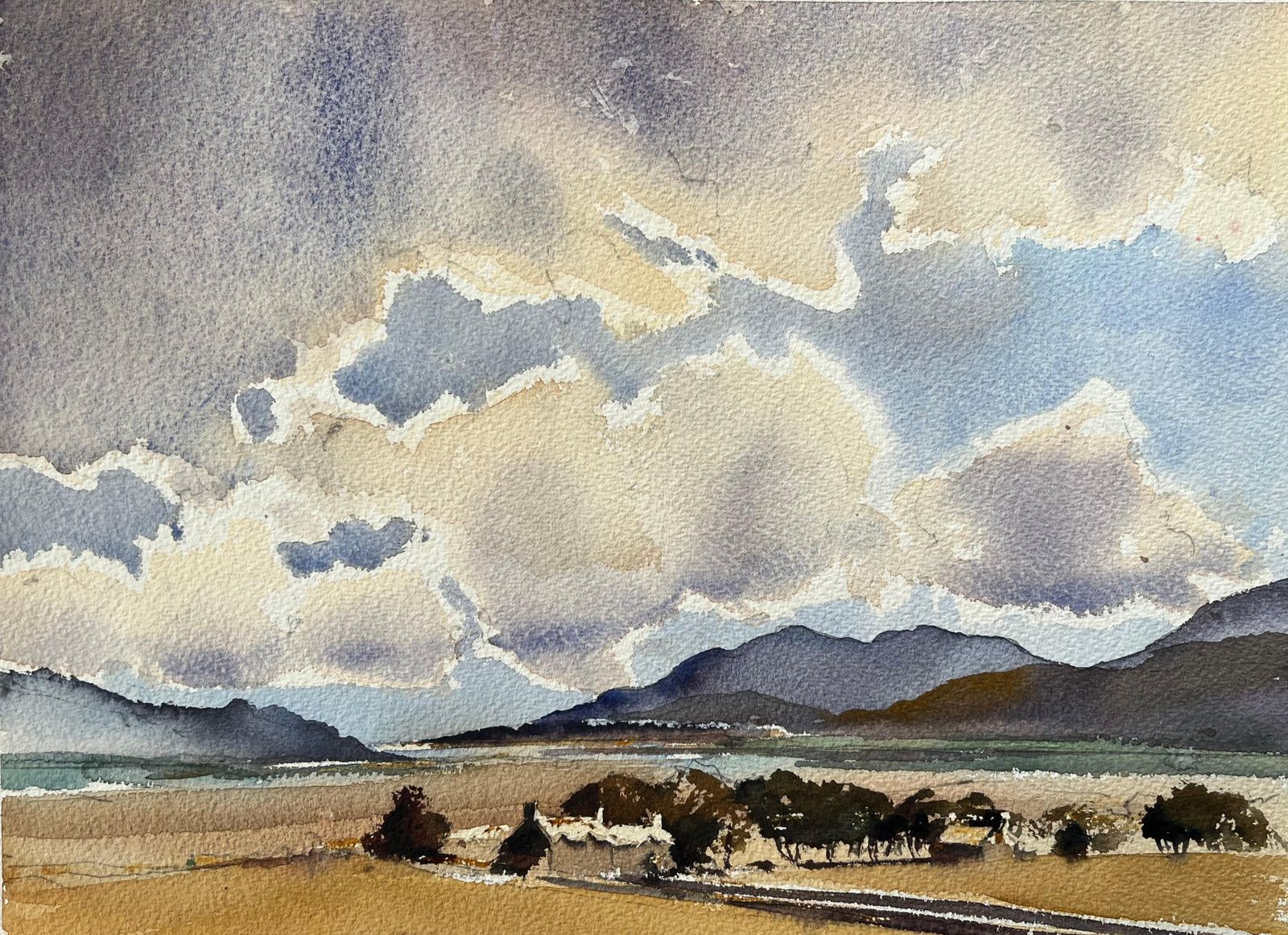 Anthony Avery British Impressionist Watercolor Of A Vast Sky, Rolling Hills And Farm