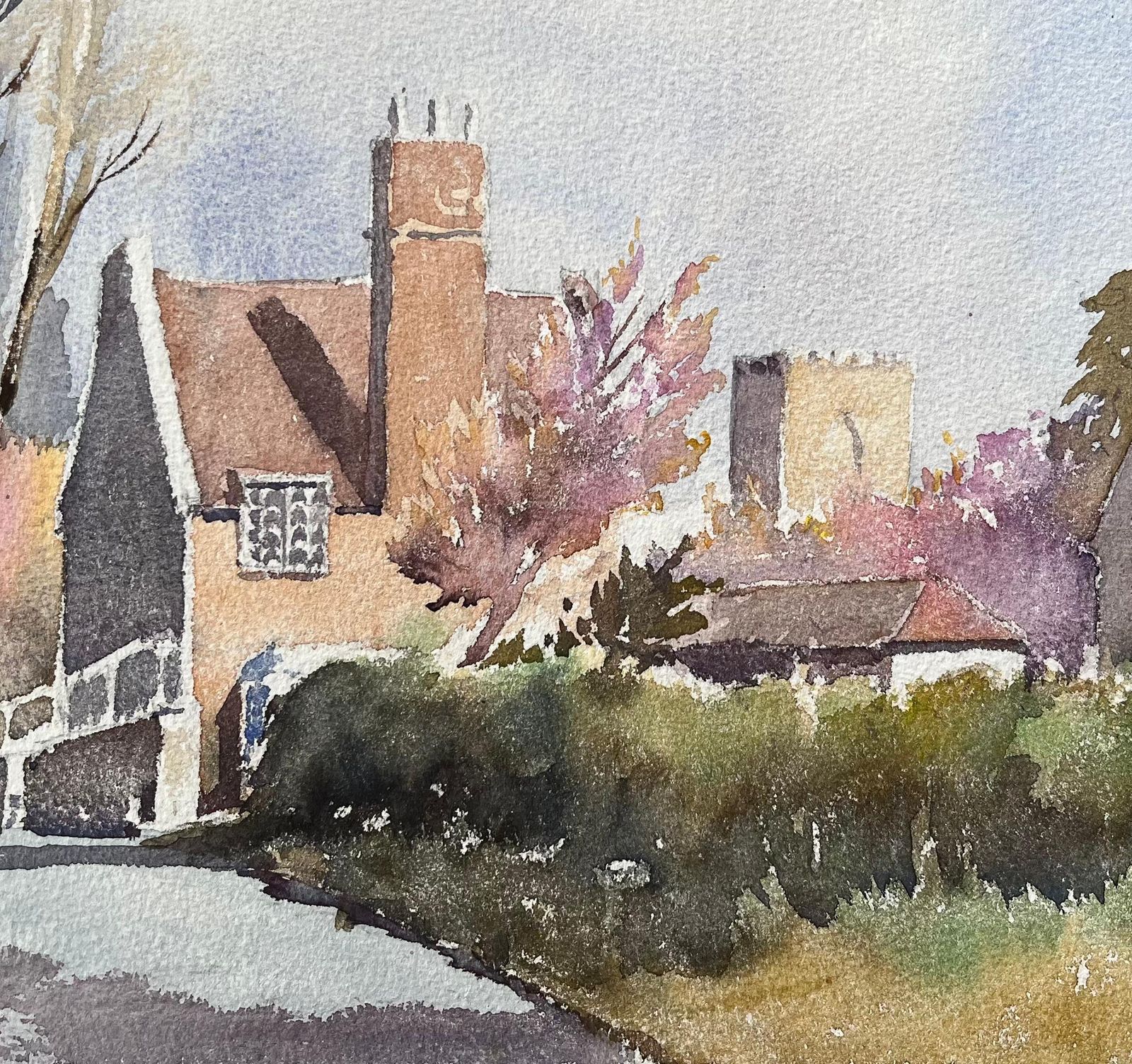 Anthony Avery British Impressionist Watercolor Of An English Village In Spring Sunlight 1994 photo for sale