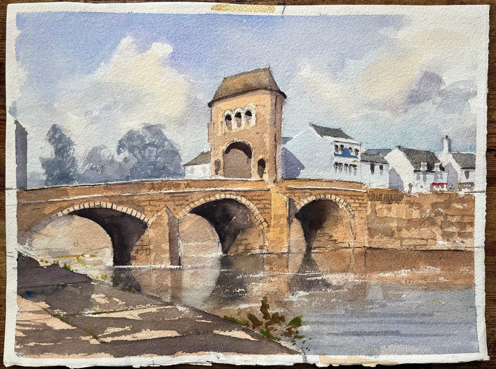 Anthony Avery British Impressionist Watercolor Of A Sunlit Stone Bridge And Riverside Village photo furniture