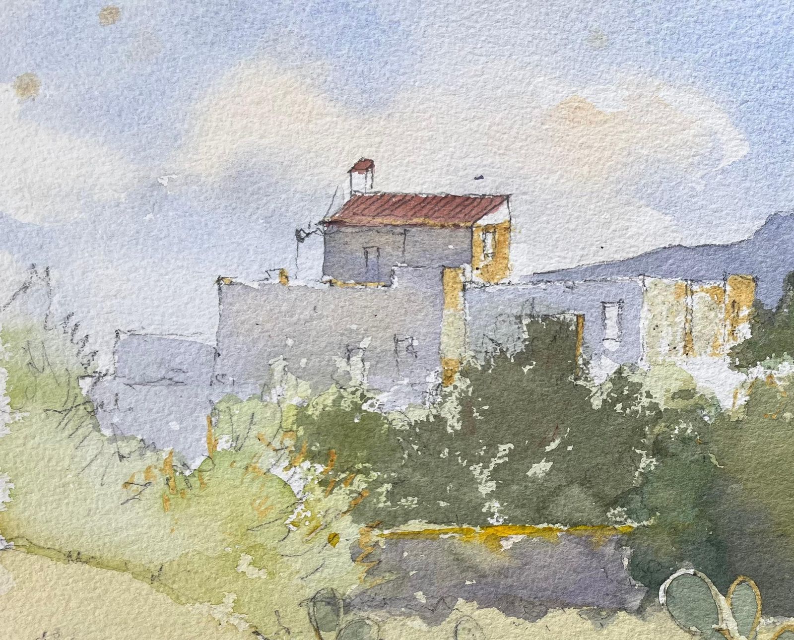 Anthony Avery Impressionist Mediterranean Watercolor Of Prickly Pear Cacti And Sunlit Village photo for sale