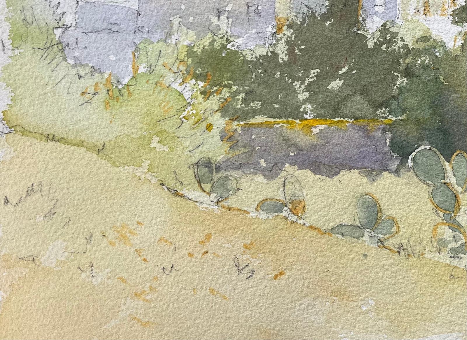 Anthony Avery Impressionist Mediterranean Watercolor Of Prickly Pear Cacti And Sunlit Village photo vinterior