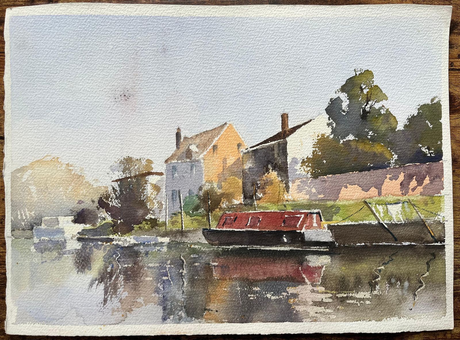 Anthony Avery British Impressionist Watercolor Of Riverside Scene With Red Narrowboat photo furniture